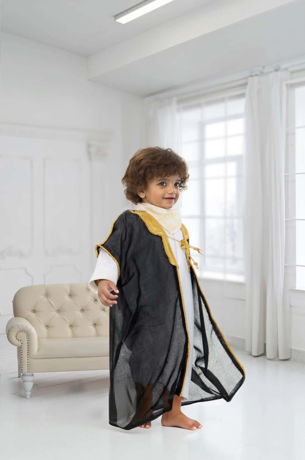 A young boy looking regal in a Kids Bisht by Shabab al Yola. 2