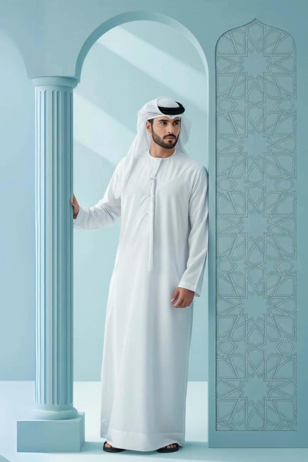 Man wearing a pristine White Emirati Kandora, showcasing its elegant drape and fine fabric. 3