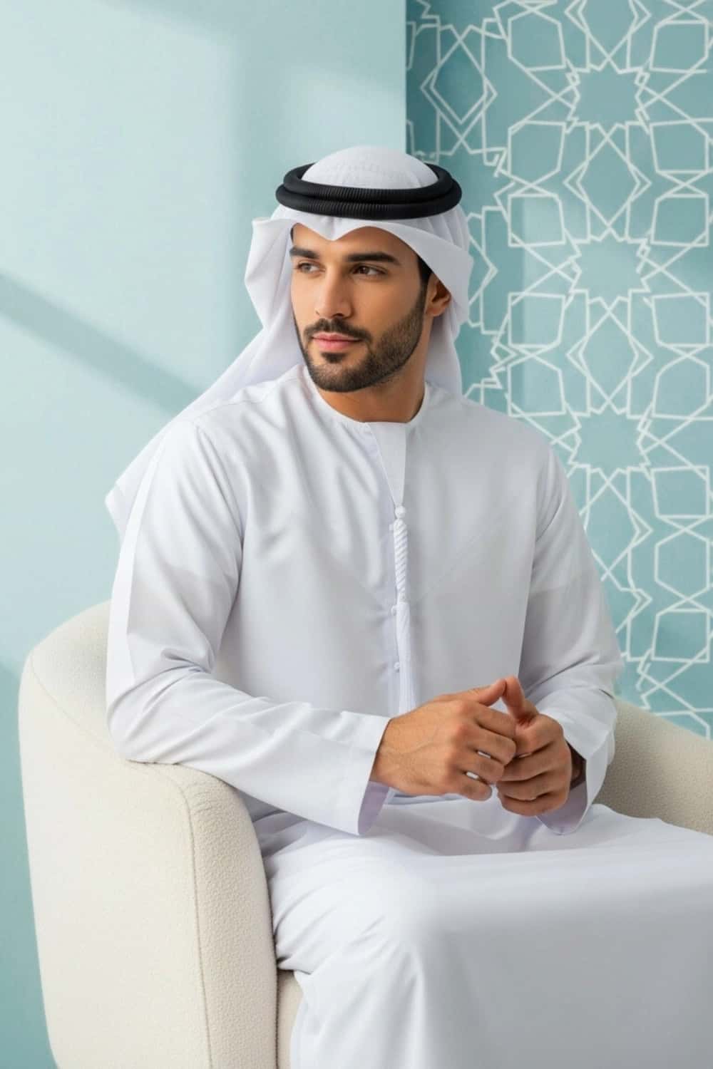 Man wearing a pristine White Emirati Kandora, showcasing its elegant drape and fine fabric. 4