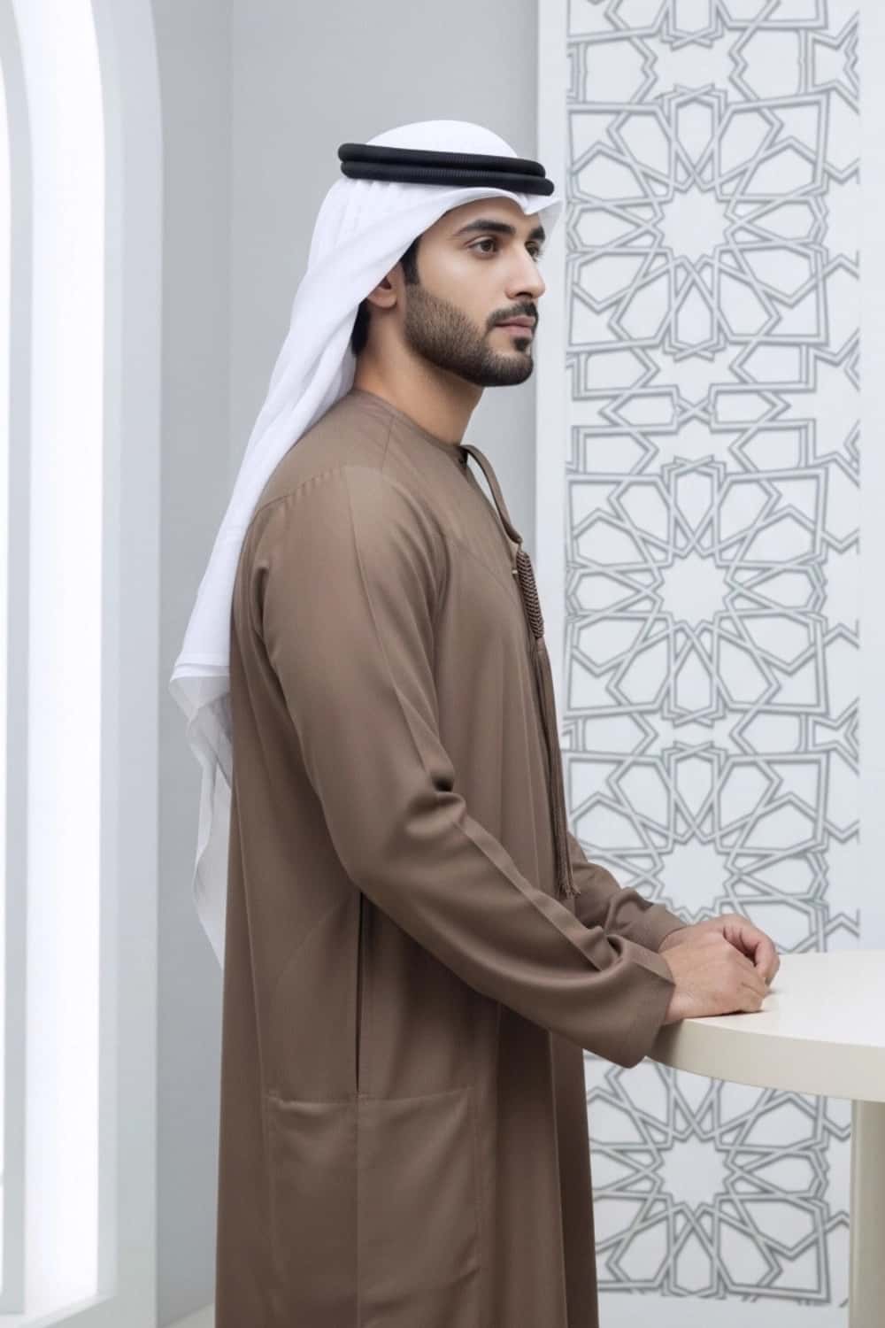 A man wearing the rich Royal Brown Kandora, suitable for all seasons. 2