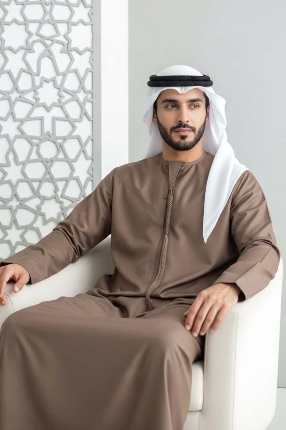 A man wearing the rich Royal Brown Kandora, suitable for all seasons. 3