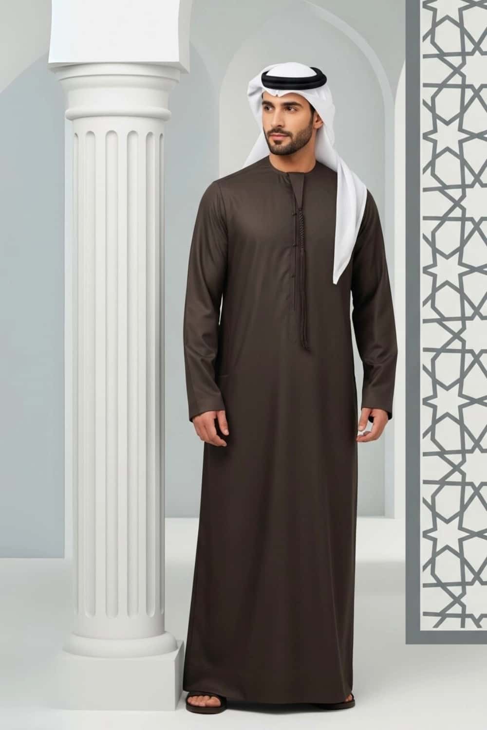 A man wearing the rich Dark Chocolate Winter Emirati Kandura. 4