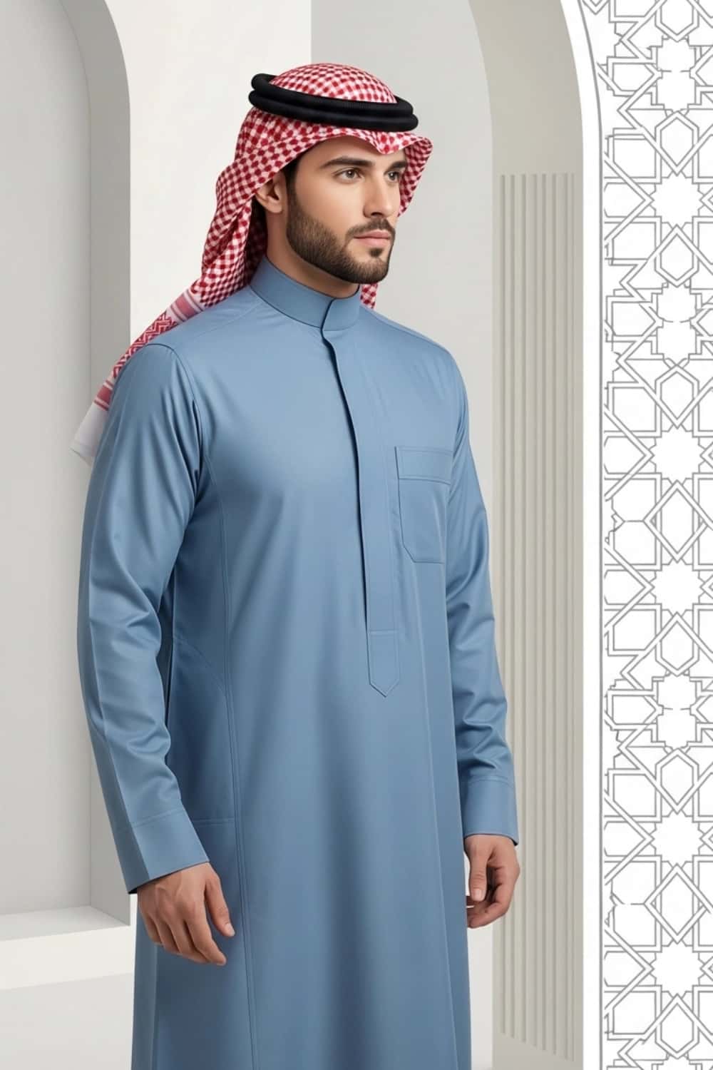 A man wearing the calm and confident Powder Blue Saudi Thobe. 4