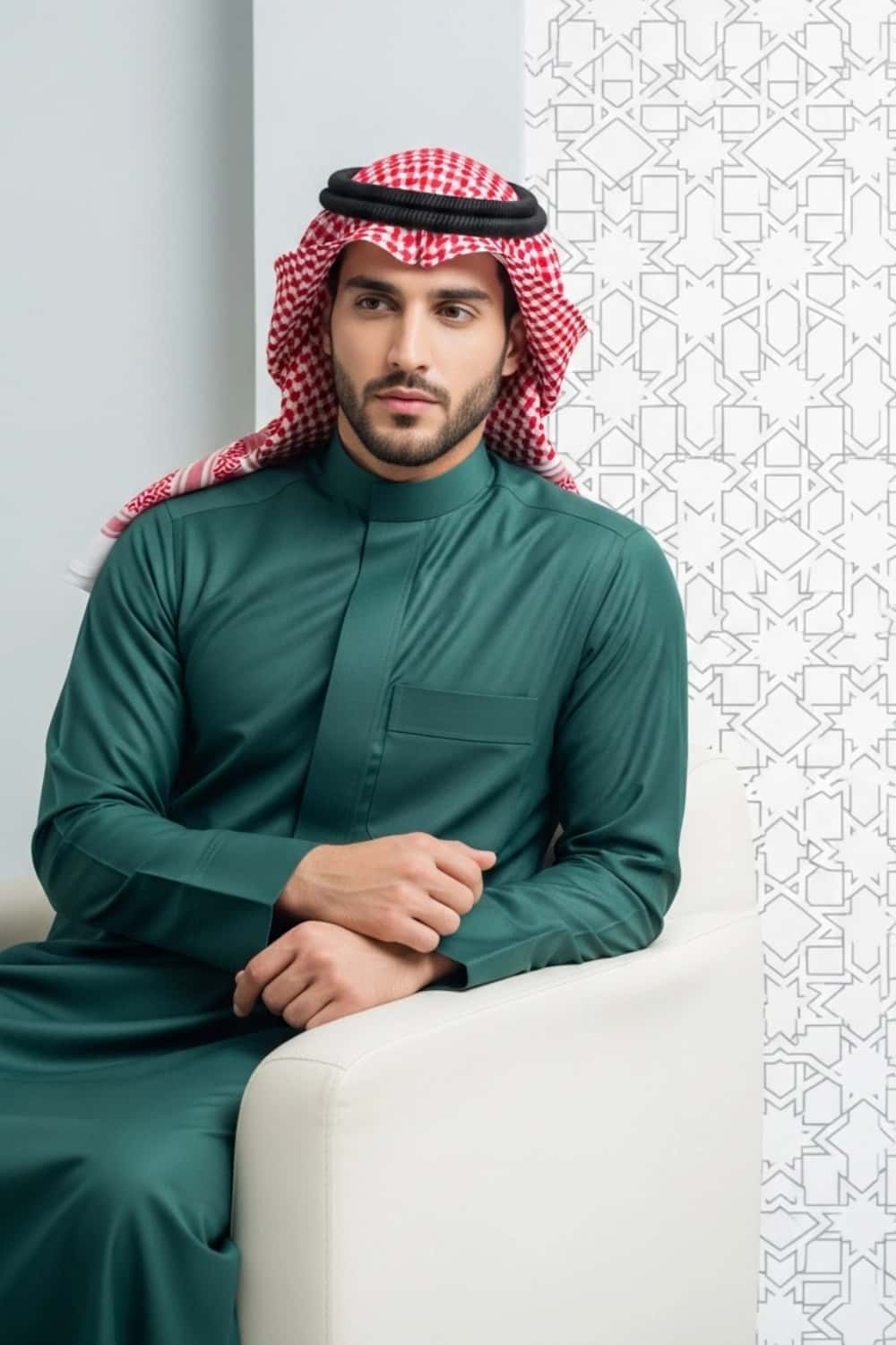 A man wearing the distinguished Midnight Green Saudi Thobe for winter. 2