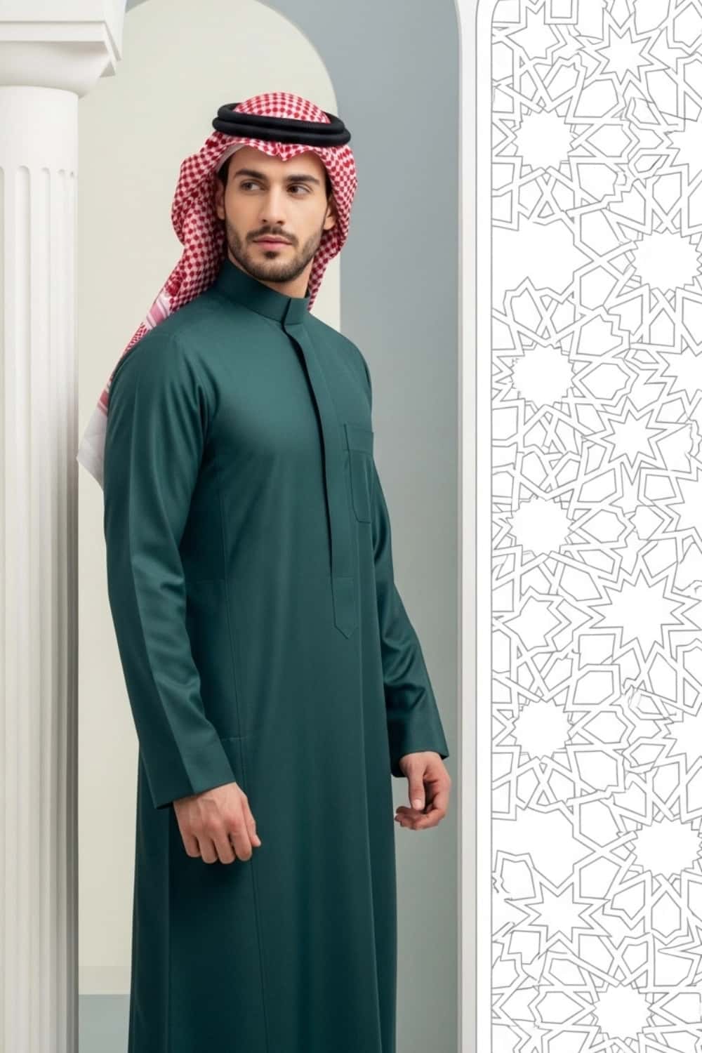 A man wearing the distinguished Midnight Green Saudi Thobe for winter. 4