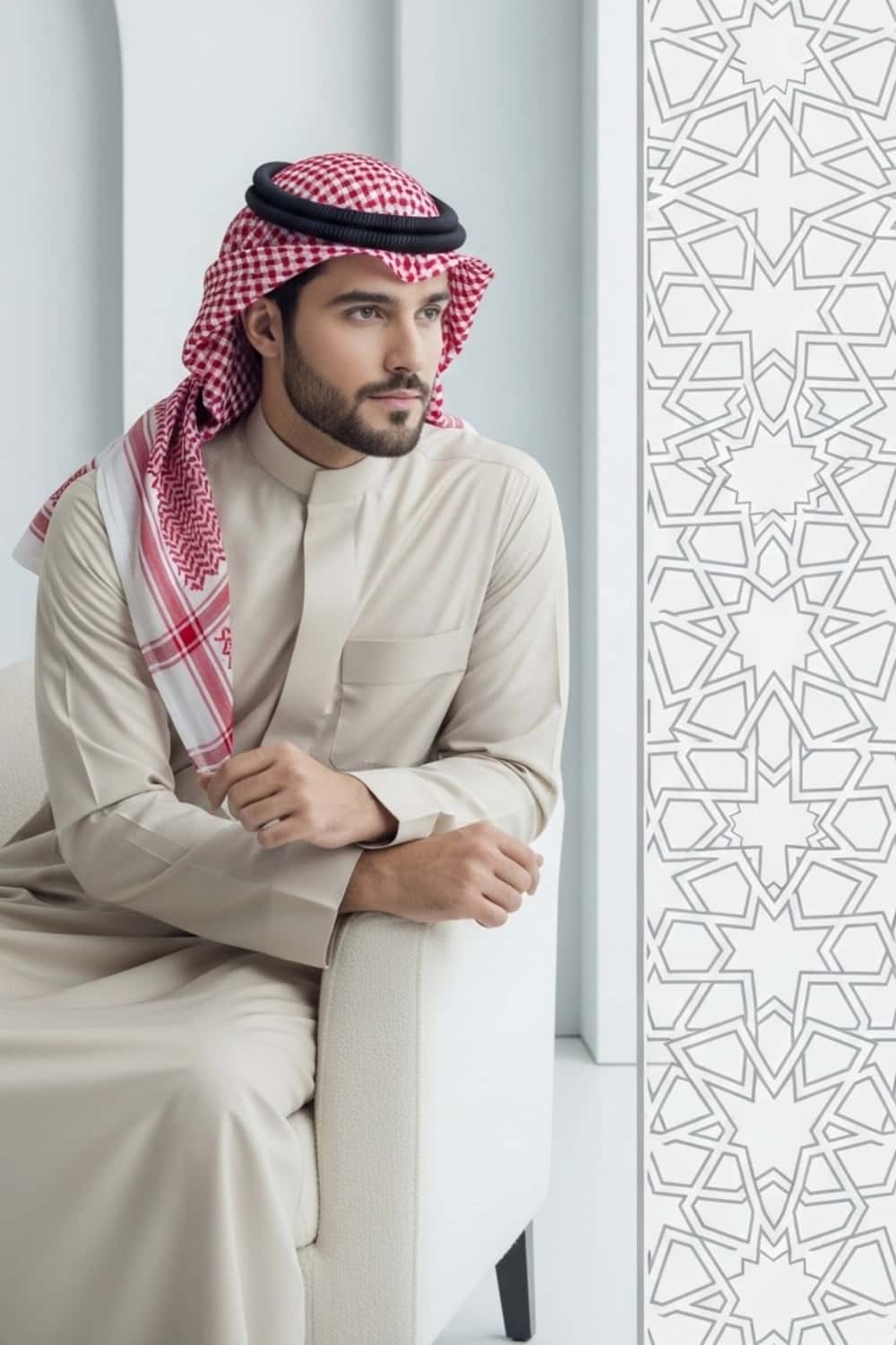 A man wearing the versatile and elegant Light Beige Thobe. 3