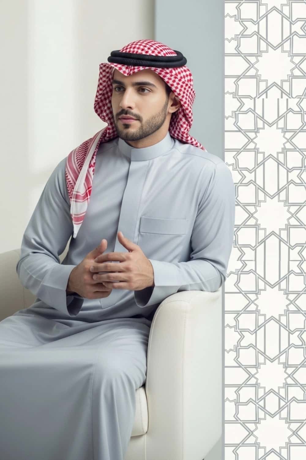 A man wearing the cool and sharp Ice Grey Saudi Thobe. 2