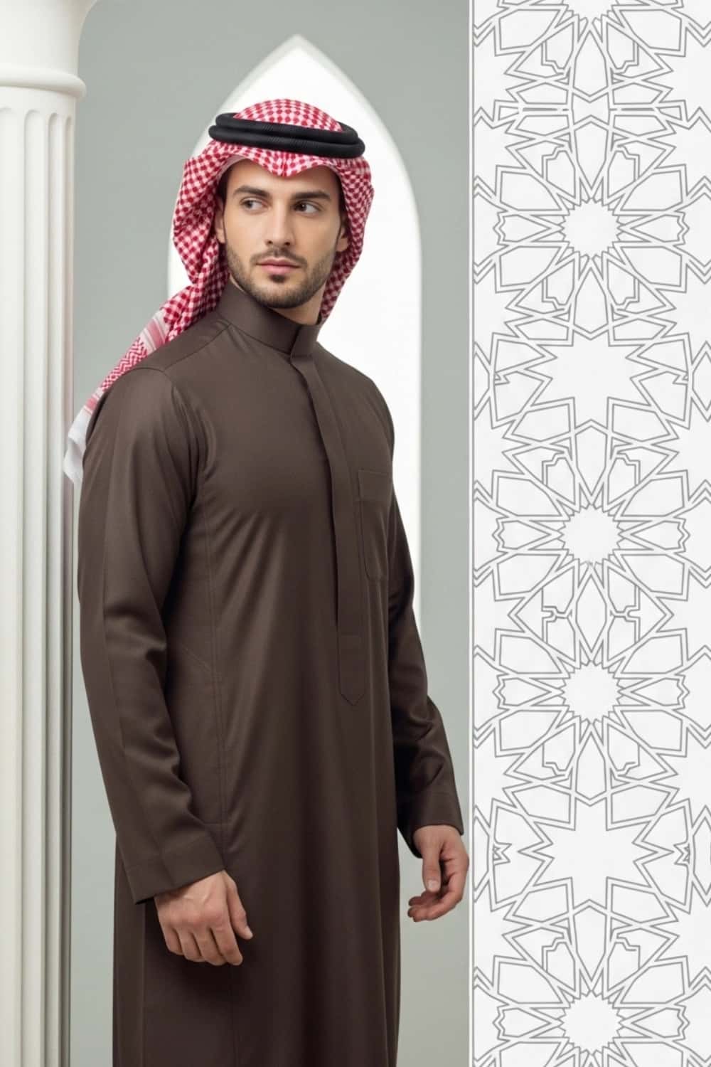 A man wearing the warm and rich Dark Brown Winter Saudi Thobe. 2