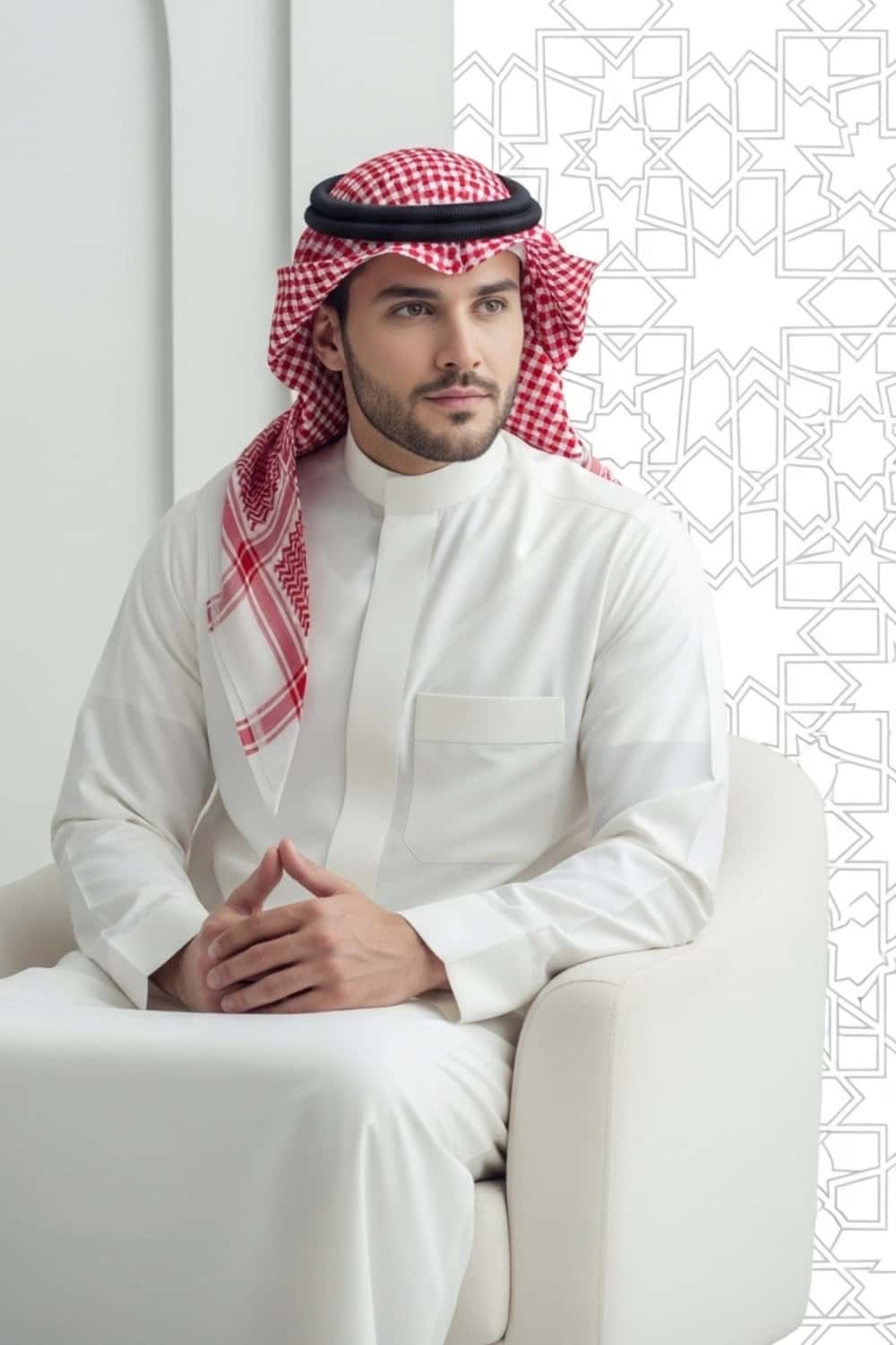 A man wearing the elegant and clean Cream Saudi Thobe. 5