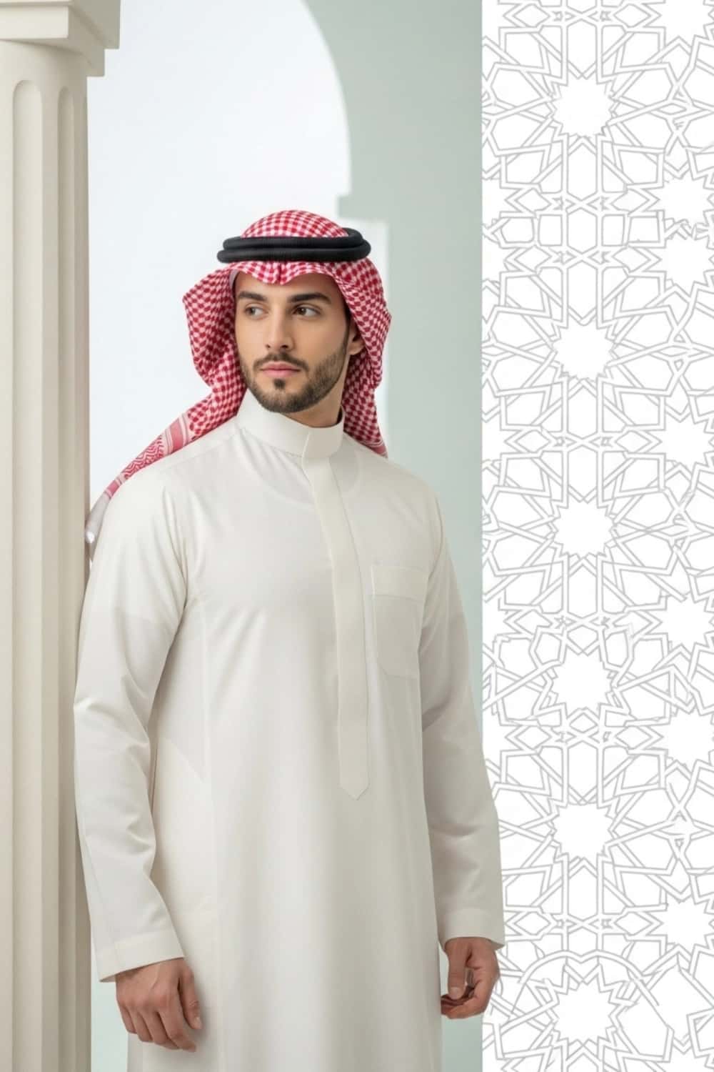 A man wearing the elegant and clean Cream Saudi Thobe. 3