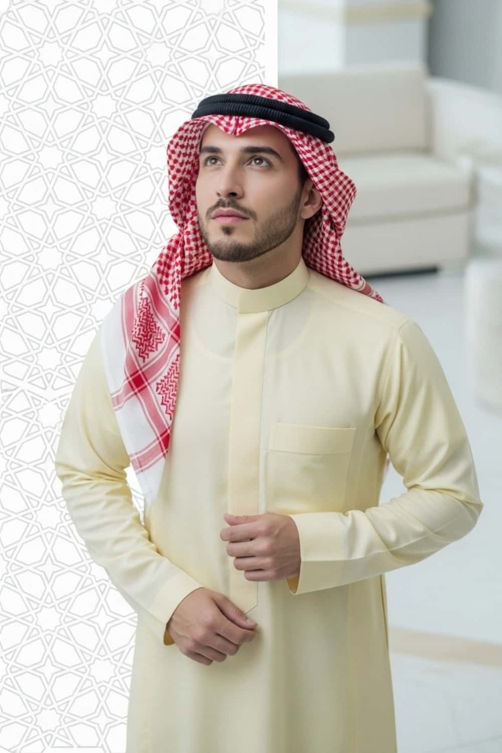 A man wearing the light and fresh Pale Lemon Saudi Thobe. 2