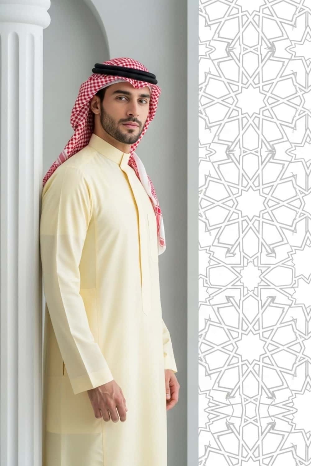 A man wearing the light and fresh Pale Lemon Saudi Thobe. 5