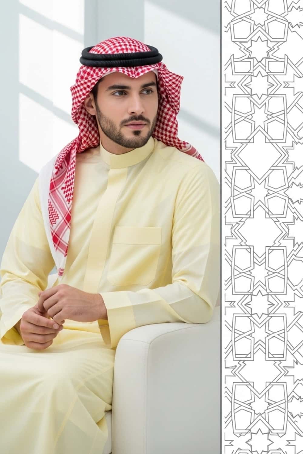 A man wearing the light and fresh Pale Lemon Saudi Thobe. 4