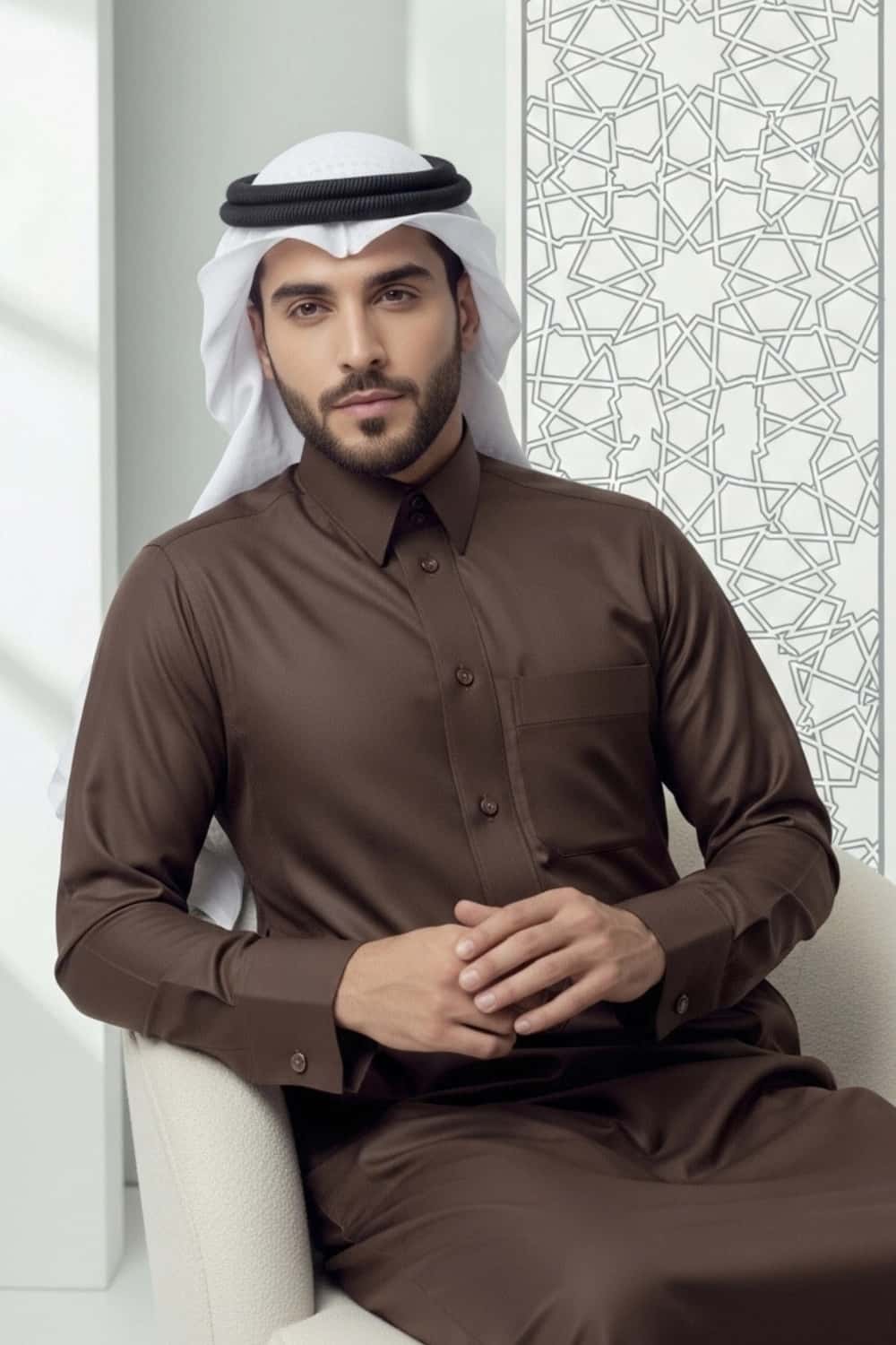 A man wearing the earthy and elegant Brown Qatari Thobe with fine fabric. 2