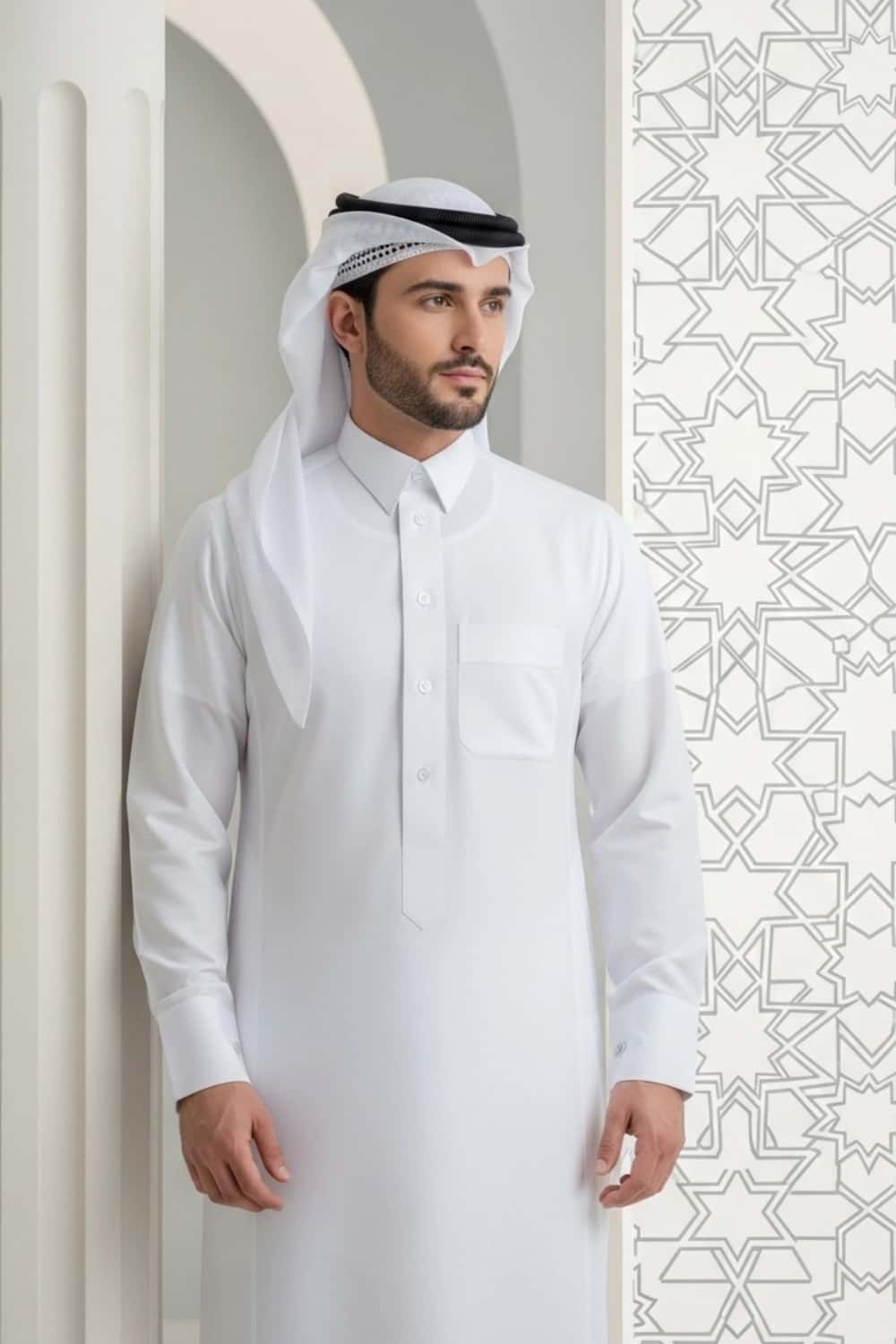 A man wearing the pristine White Qatari Thobe from the Elite Edition. 4