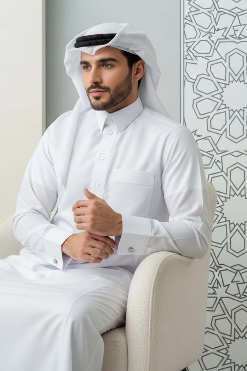 A man wearing the pristine White Qatari Thobe from the Elite Edition. 2