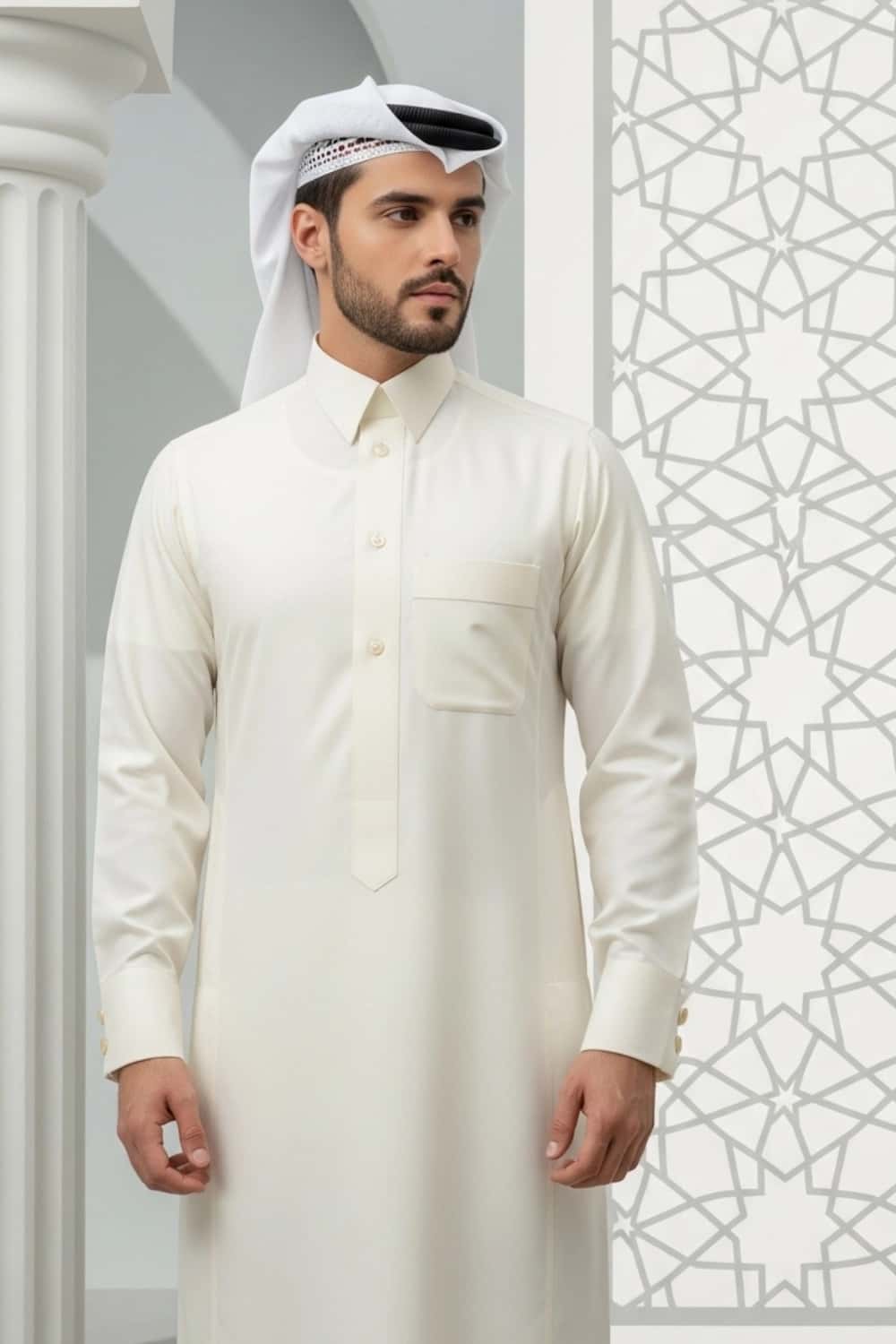 A man wearing the sharp and sophisticated Cream Qatari Thobe. 2