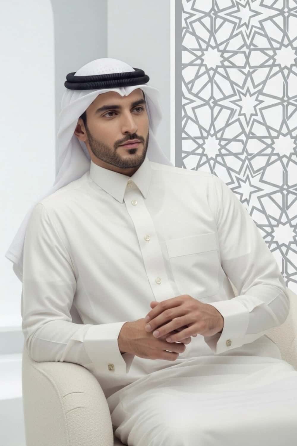 A man wearing the sharp and sophisticated Cream Qatari Thobe. 4