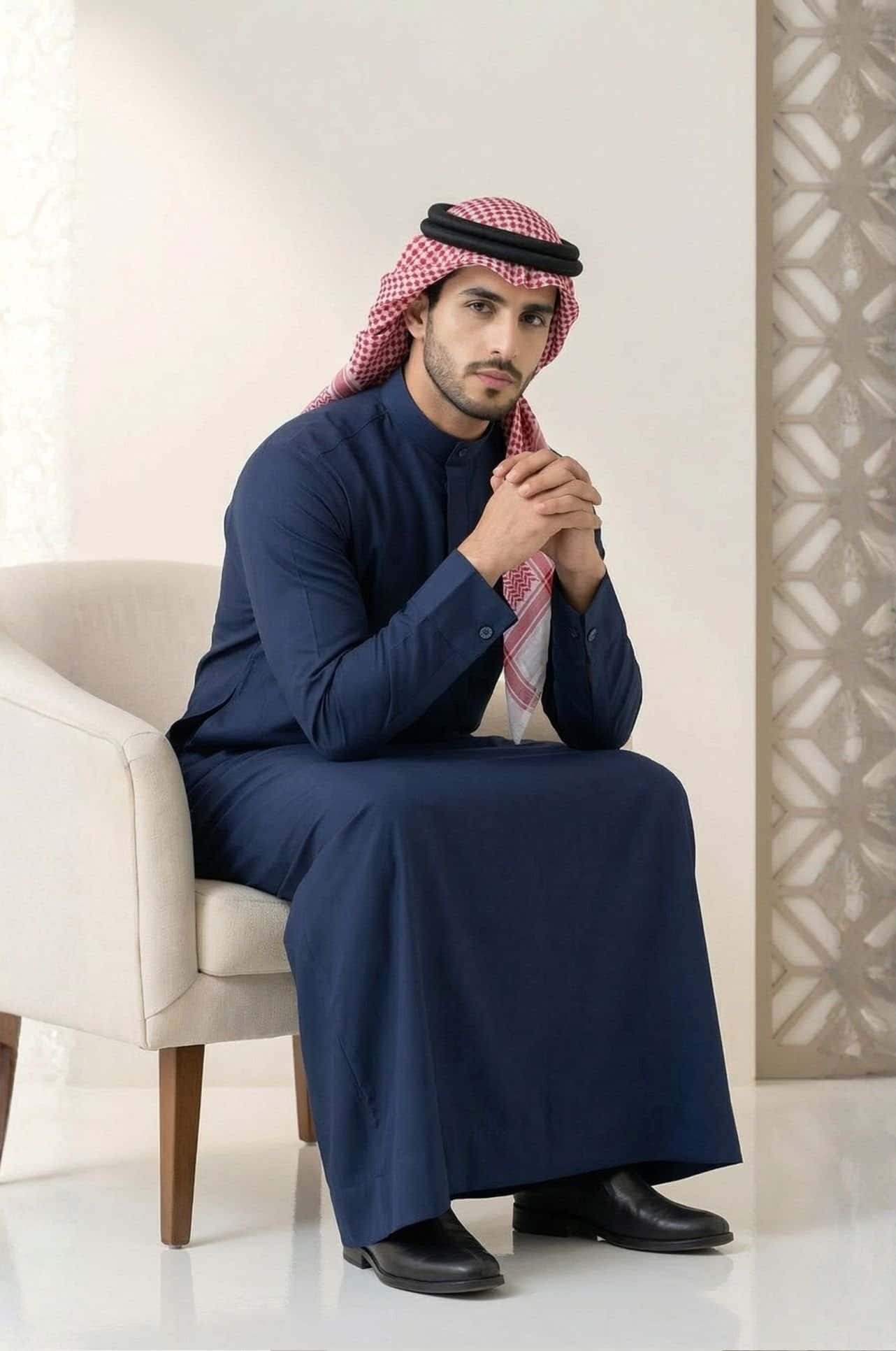 Man in royal navy blue Kuwaiti dishdasha from Shabab al Yola, showing clean lines and premium fabric for winter wear in Abu Dhabi 3
