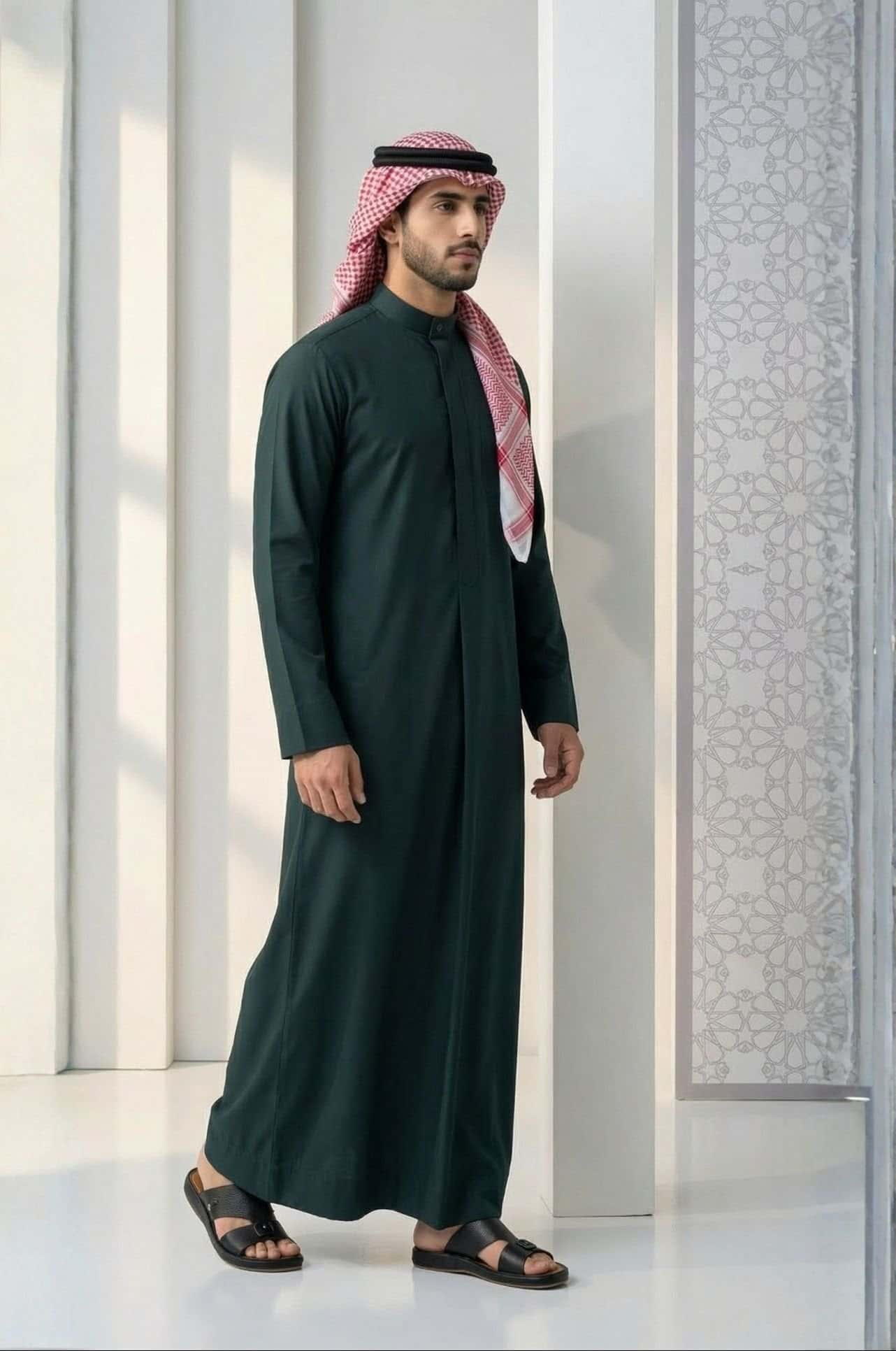 Man in midnight green Kuwaiti dishdasha from Shabab al Yola, deep color for winter evenings in UAE with premium tailoring 3