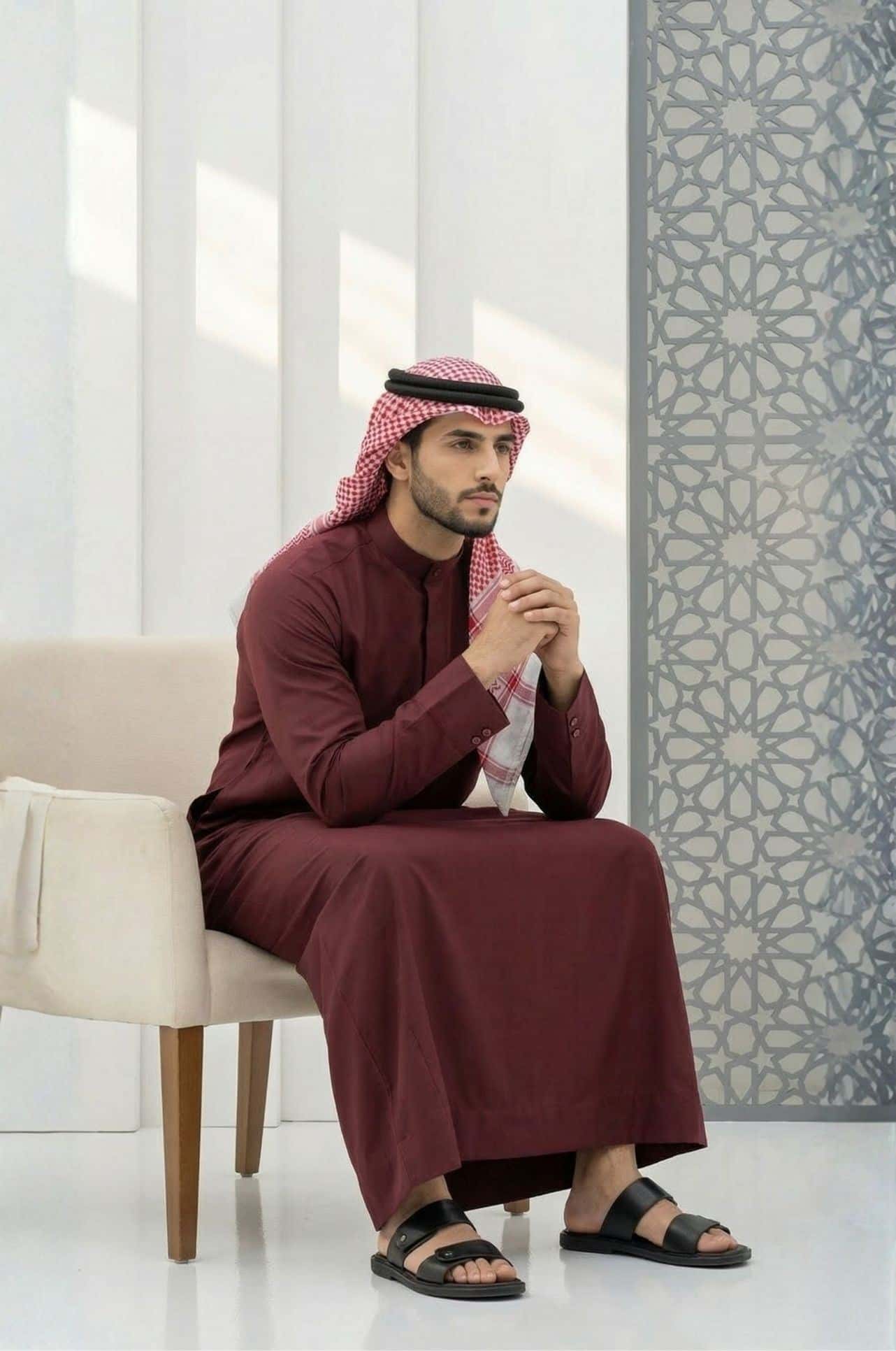 Man in maroon Kuwaiti dishdasha from Shabab al Yola, rich tone for all seasons with comfortable fit in Abu Dhabi 2