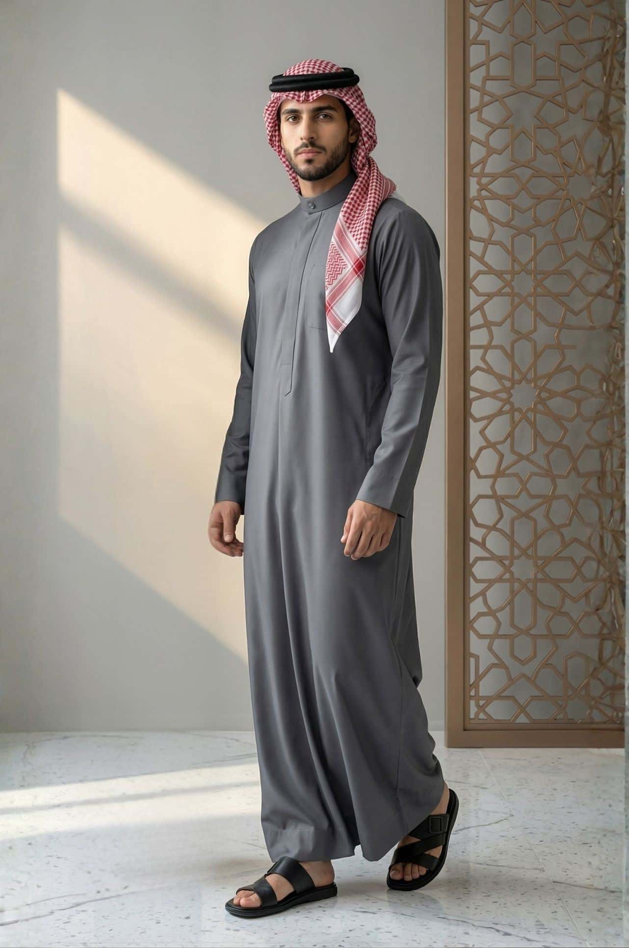 Man wearing graphite grey Kuwaiti dishdasha by Shabab al Yola, modern all-season choice with sharp tailoring and premium fabric in UAE 3