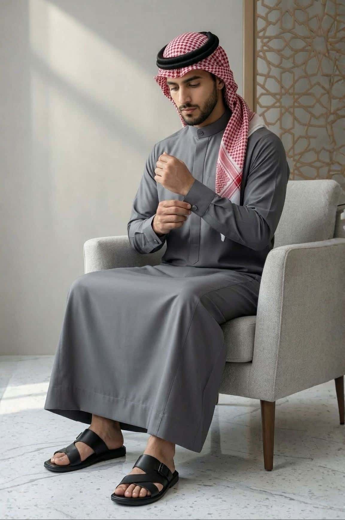 Man wearing graphite grey Kuwaiti dishdasha by Shabab al Yola, modern all-season choice with sharp tailoring and premium fabric in UAE 4