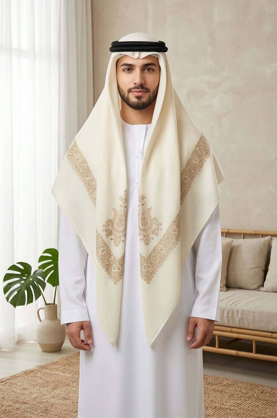 This off white Arabic shawl is a timeless and traditional piece that every man should own. T 2