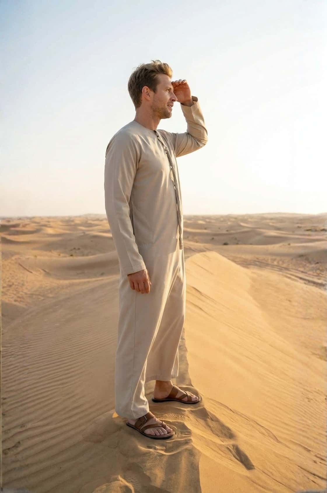 Western tourist wearing a light beige kandora in the Abu Dhabi desert, showcasing authentic Emirati style for foreigners. 2