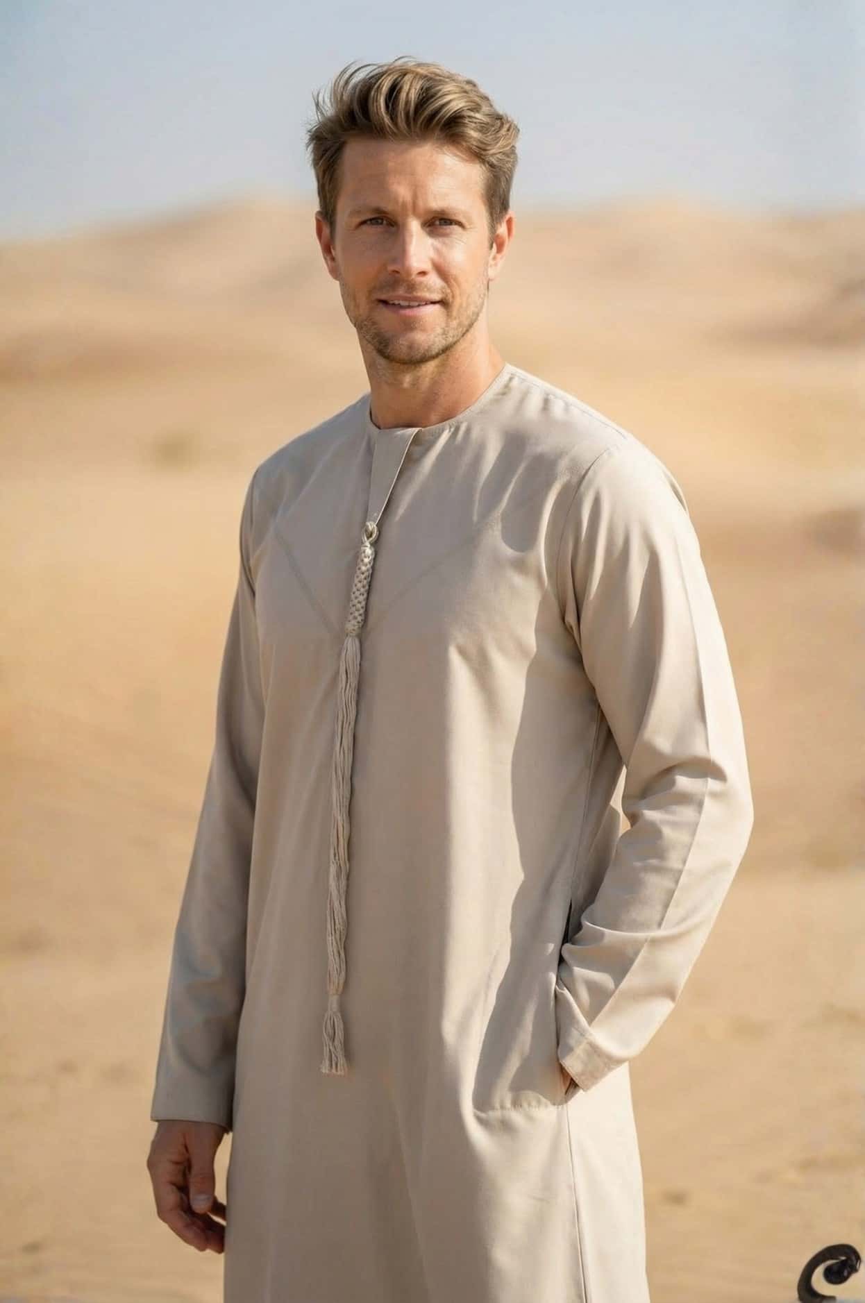 Western tourist wearing a light beige kandora in the Abu Dhabi desert, showcasing authentic Emirati style for foreigners. 3