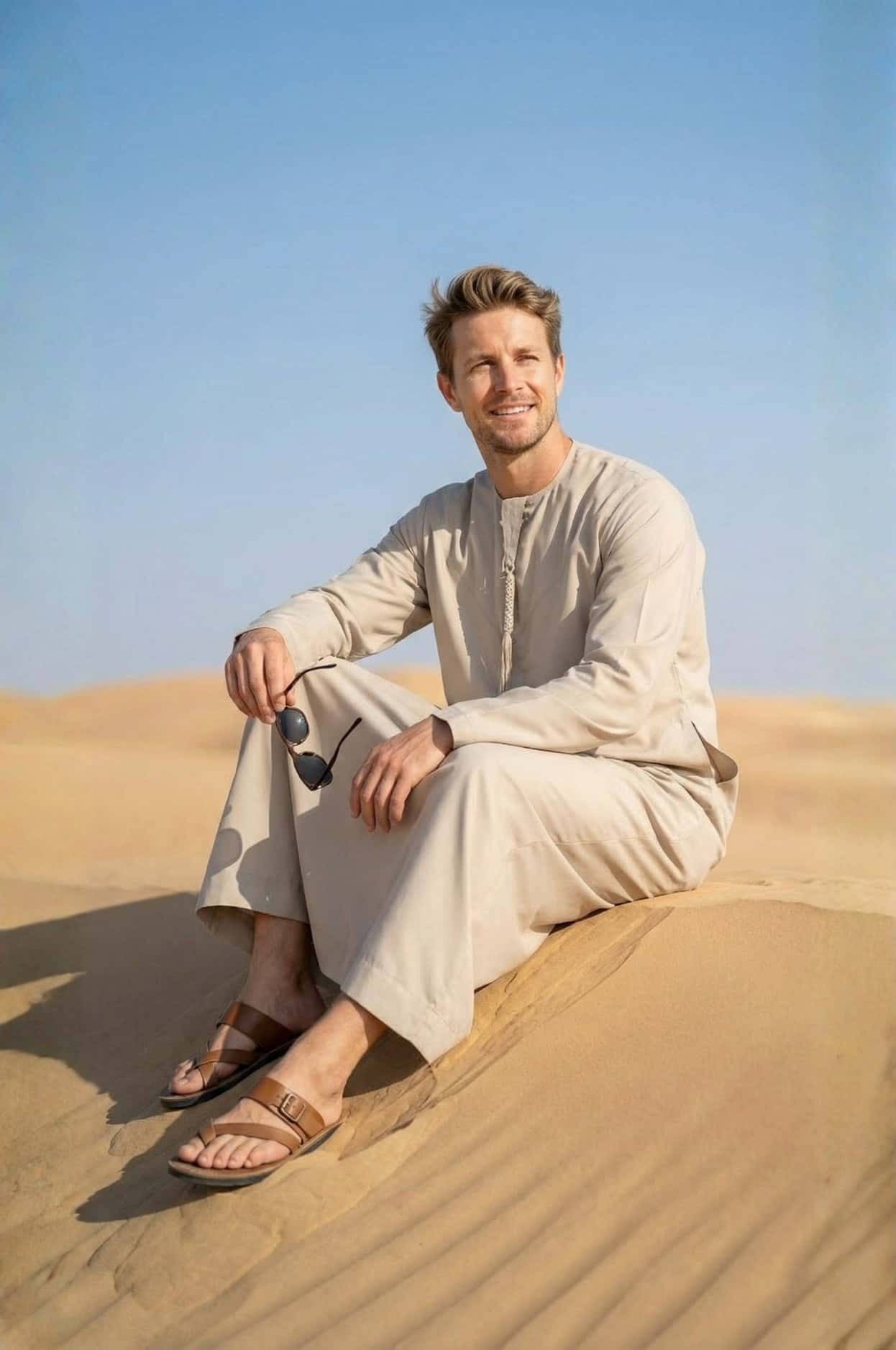 Western tourist wearing a light beige kandora in the Abu Dhabi desert, showcasing authentic Emirati style for foreigners. 4
