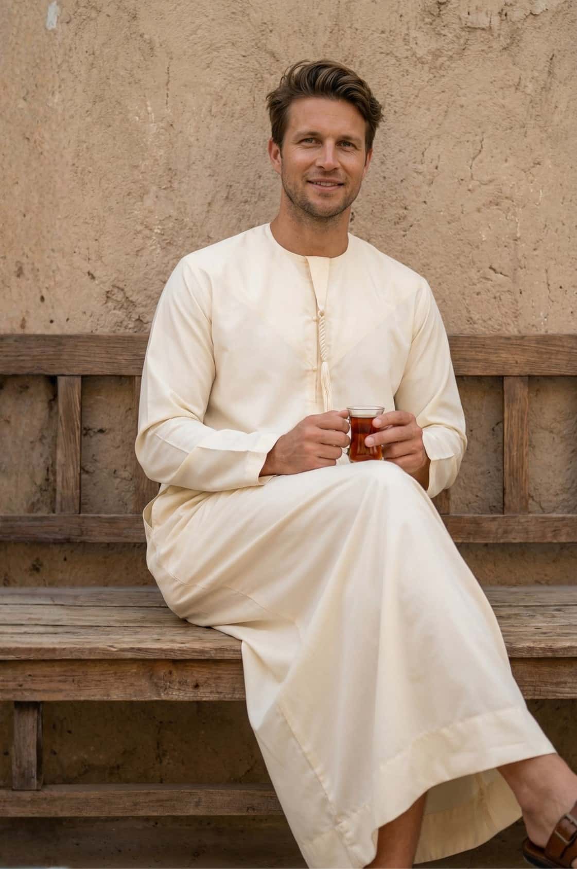 European tourist wearing an elegant off-white kandora near historic Abu Dhabi architecture, embracing Emirati heritage. 2