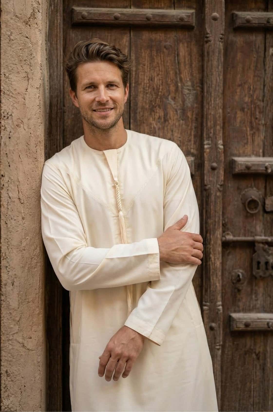 European tourist wearing an elegant off-white kandora near historic Abu Dhabi architecture, embracing Emirati heritage. 3