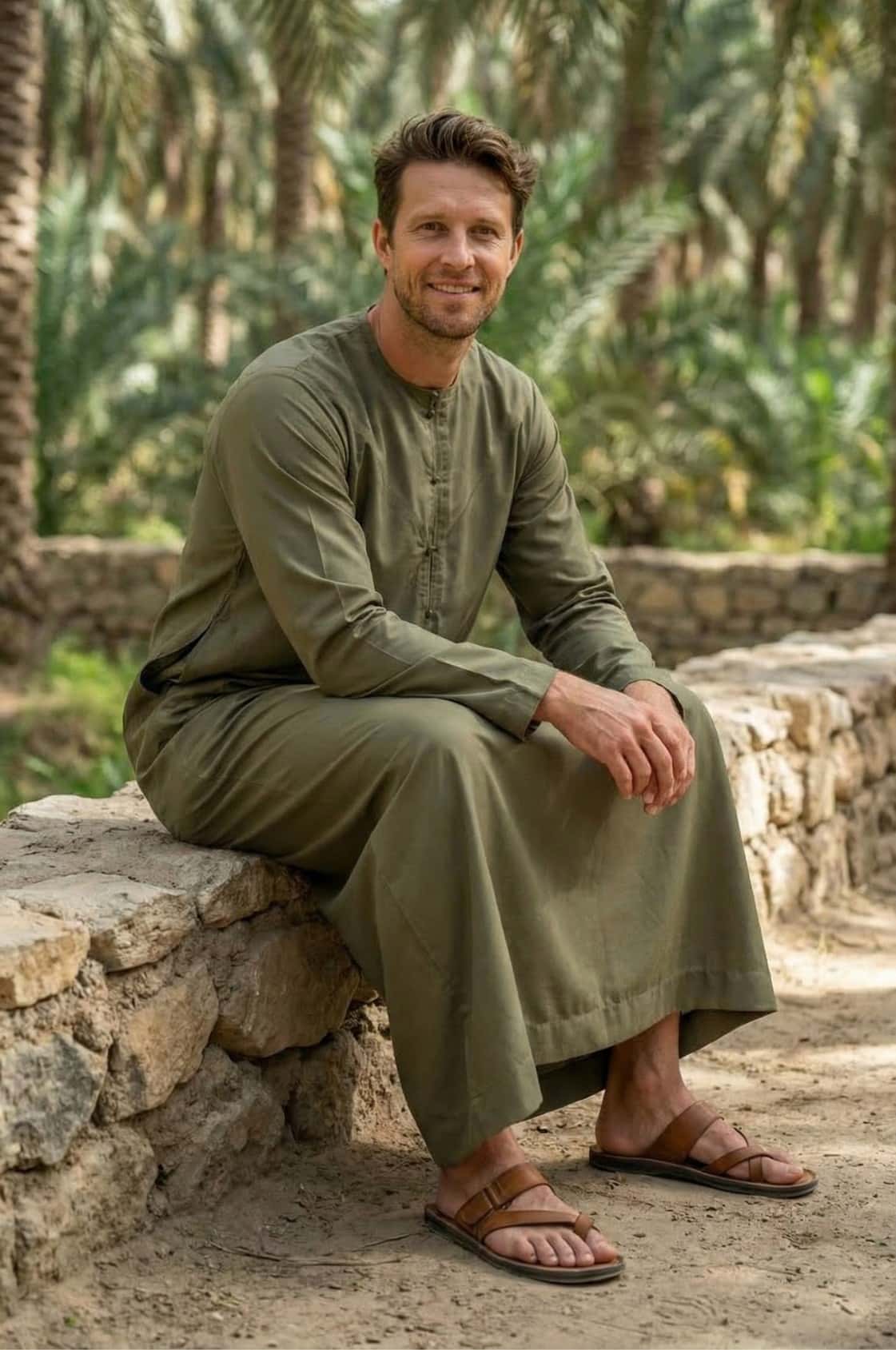 Adventurous Western man wearing an olive green kandora during a desert safari in Abu Dhabi, blending into the natural landscape. 3
