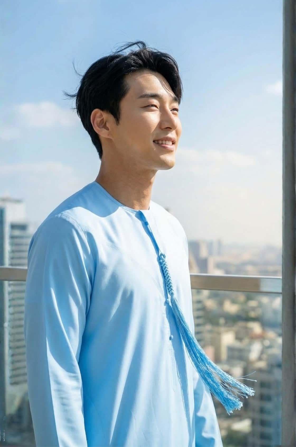 Young fashionable man wearing a fresh sky blue kandora against Abu Dhabi's blue sky and modern architecture, radiating summer optimism. 2