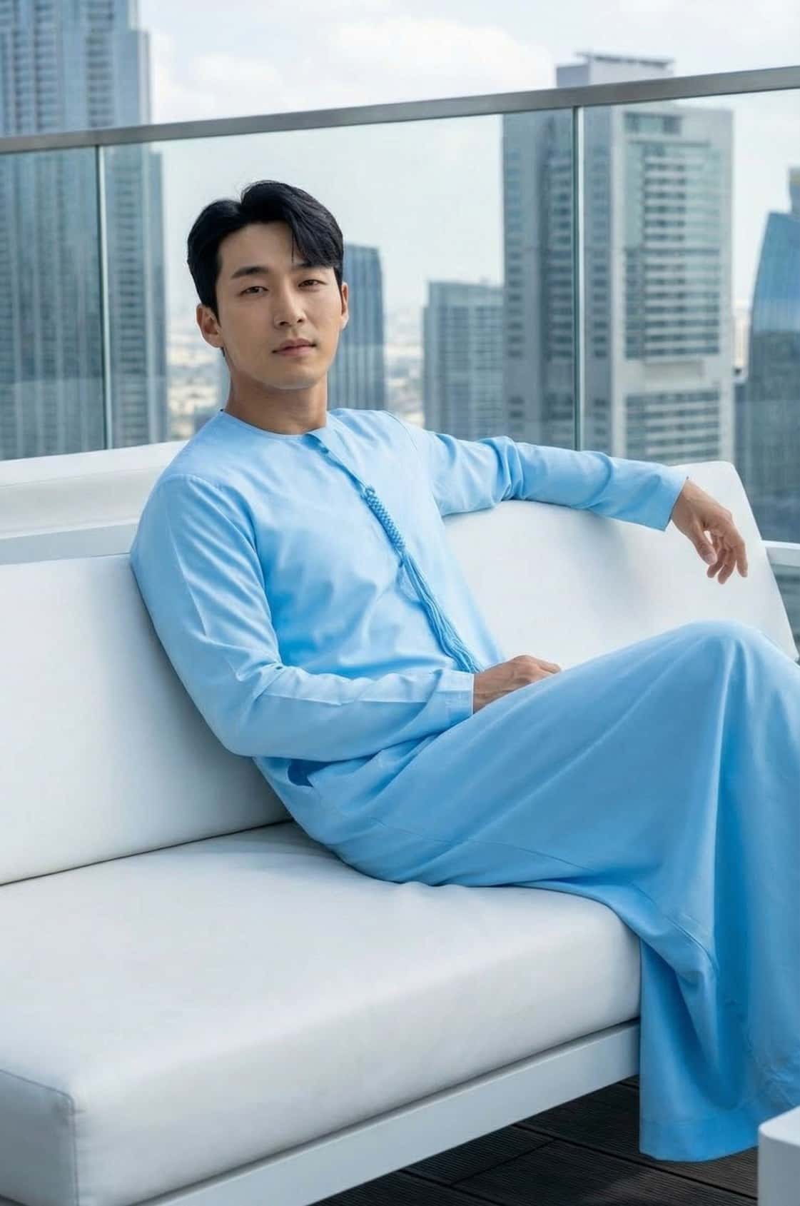 Young fashionable man wearing a fresh sky blue kandora against Abu Dhabi's blue sky and modern architecture, radiating summer optimism. 3
