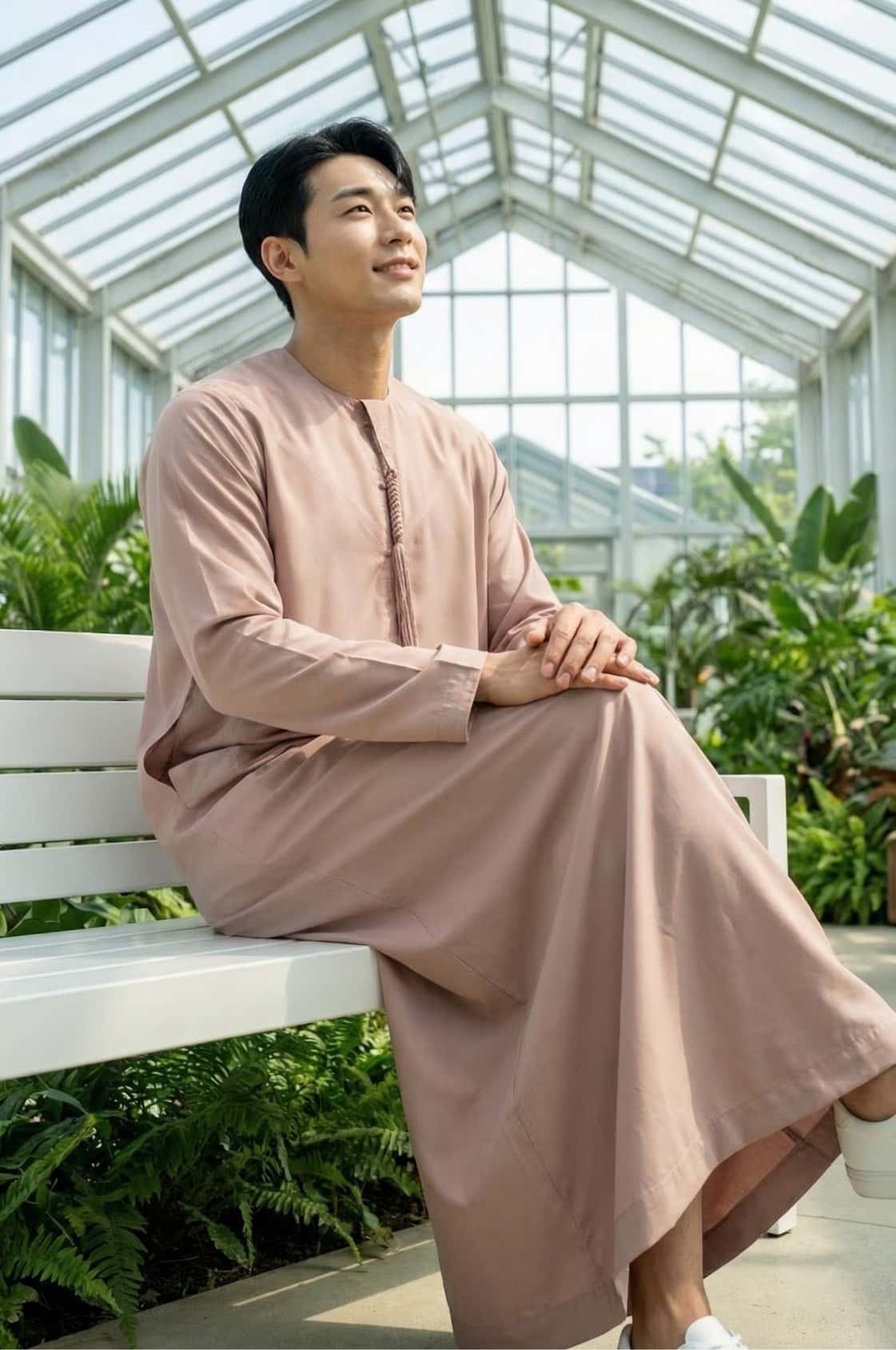 Fashion-forward young man wearing a dusty rose kandora in Abu Dhabi, showcasing bold aesthetic choices in traditional dress. 4
