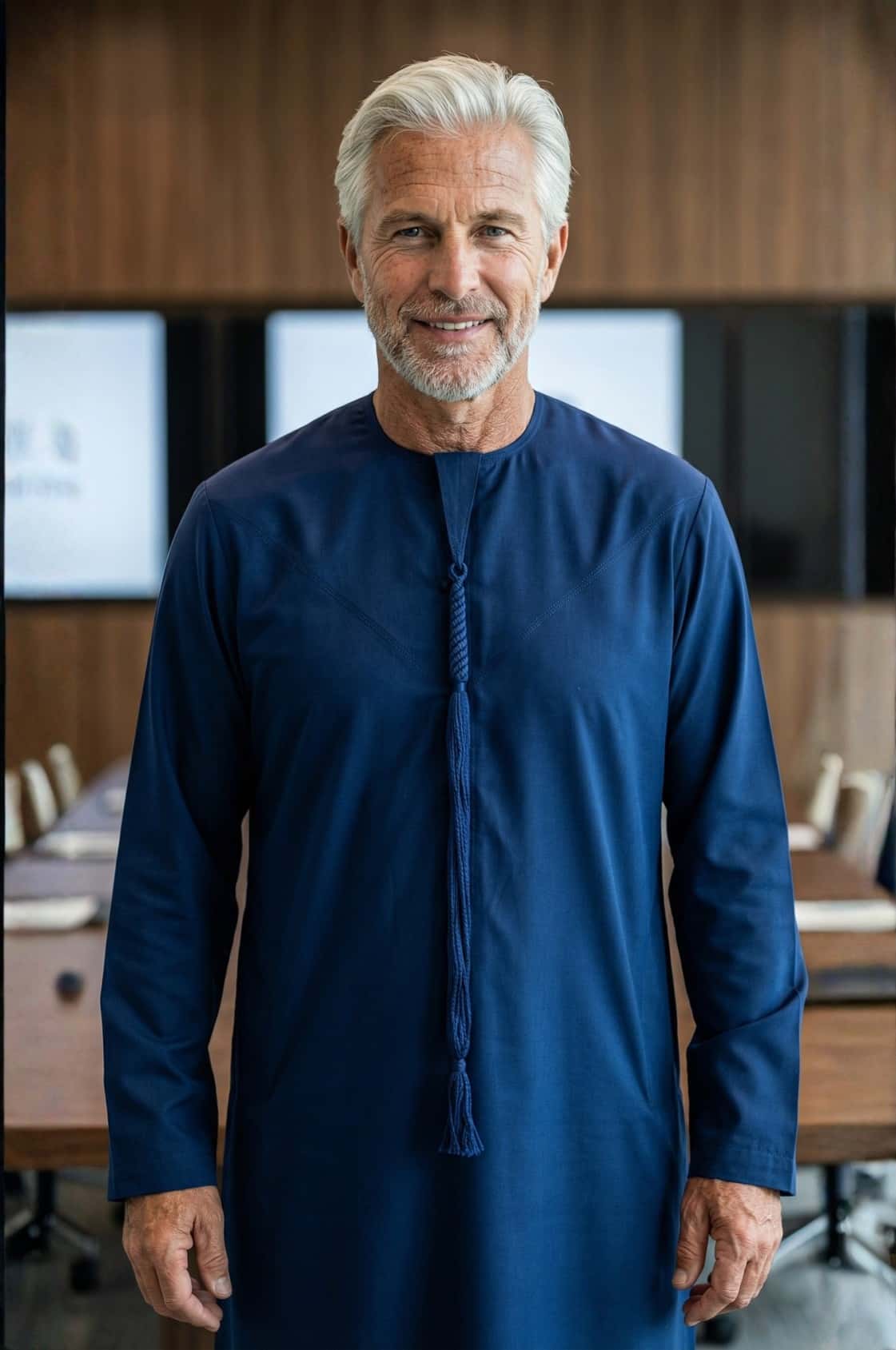 Distinguished senior executive wearing a royal navy blue winter kandora at a luxury Abu Dhabi evening event, commanding presence and authority. 2
