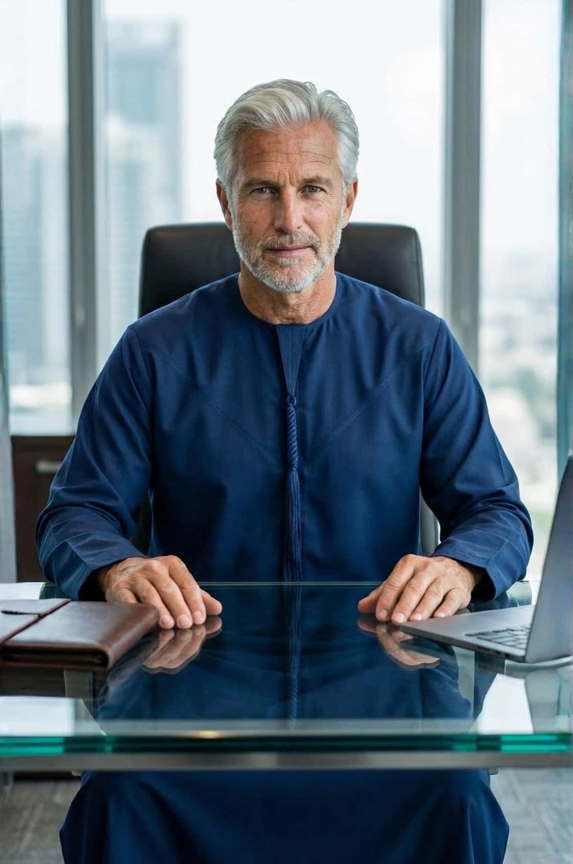Distinguished senior executive wearing a royal navy blue winter kandora at a luxury Abu Dhabi evening event, commanding presence and authority. 3