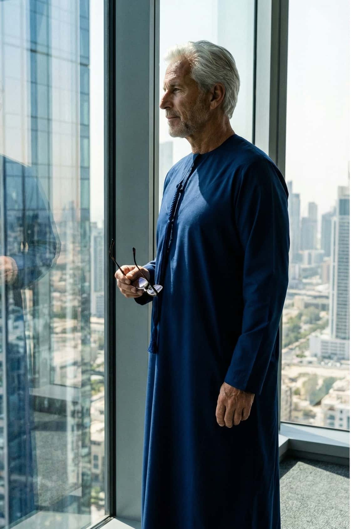 Distinguished senior executive wearing a royal navy blue winter kandora at a luxury Abu Dhabi evening event, commanding presence and authority. 4