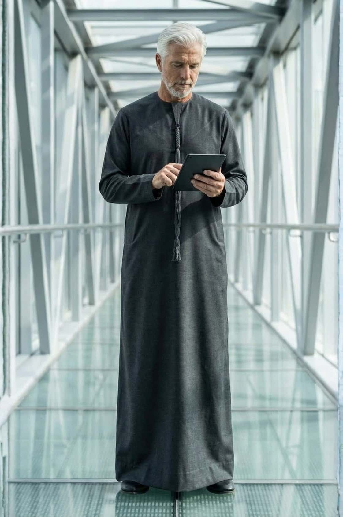 Senior executive wearing a sophisticated charcoal grey kandora against modern Abu Dhabi architecture, embodying contemporary leadership. 2