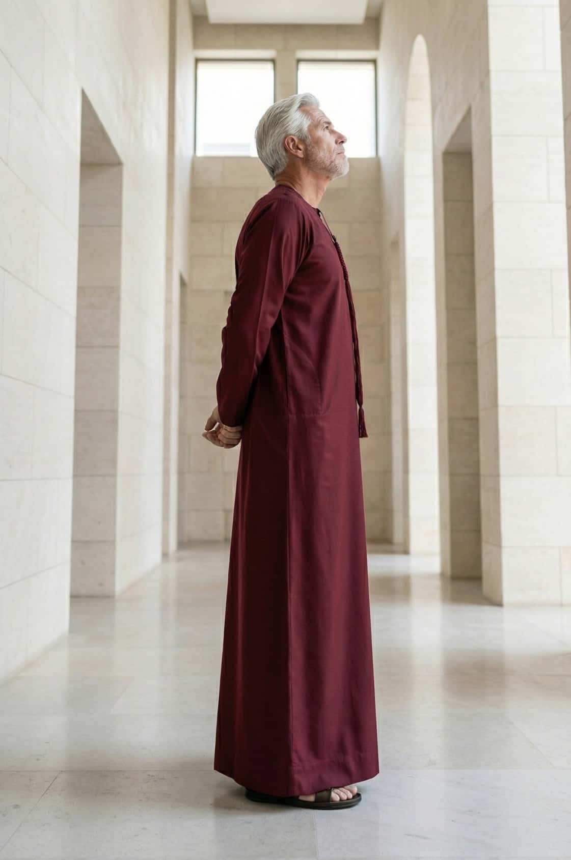 Distinguished gentleman wearing a deep maroon kandora at an evening Abu Dhabi event, embodying warmth and established success. 2