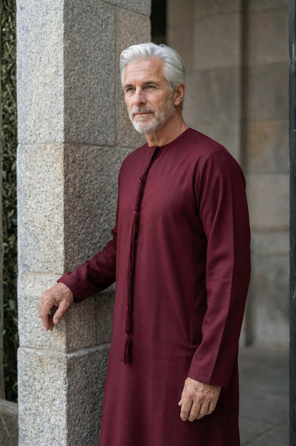 Distinguished gentleman wearing a deep maroon kandora at an evening Abu Dhabi event, embodying warmth and established success. 3