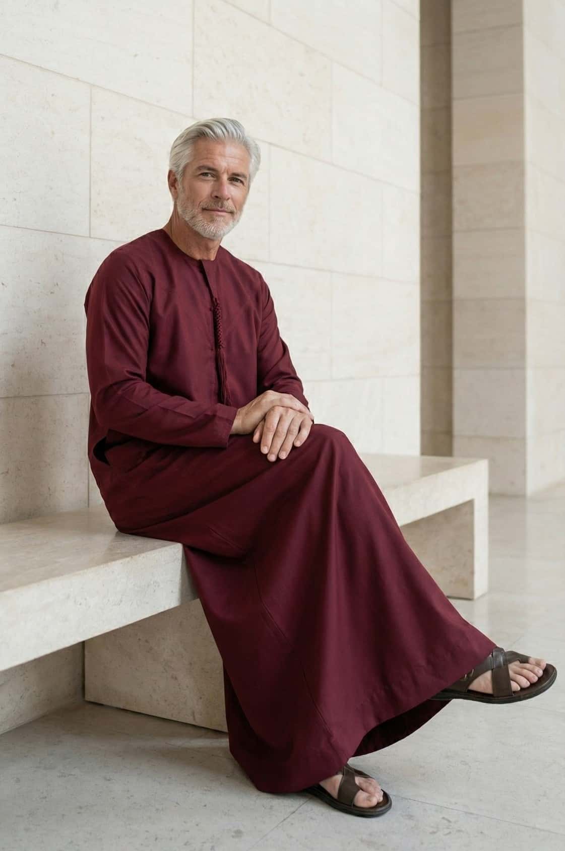 Distinguished gentleman wearing a deep maroon kandora at an evening Abu Dhabi event, embodying warmth and established success. 4