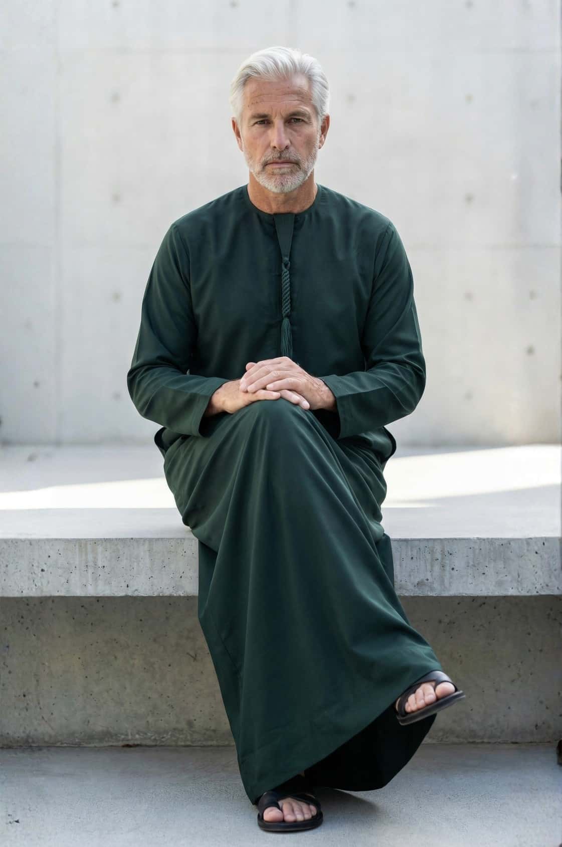 Prestigious executive wearing a midnight green kandora at an exclusive Abu Dhabi venue, showcasing rare sophistication in traditional dress. 2