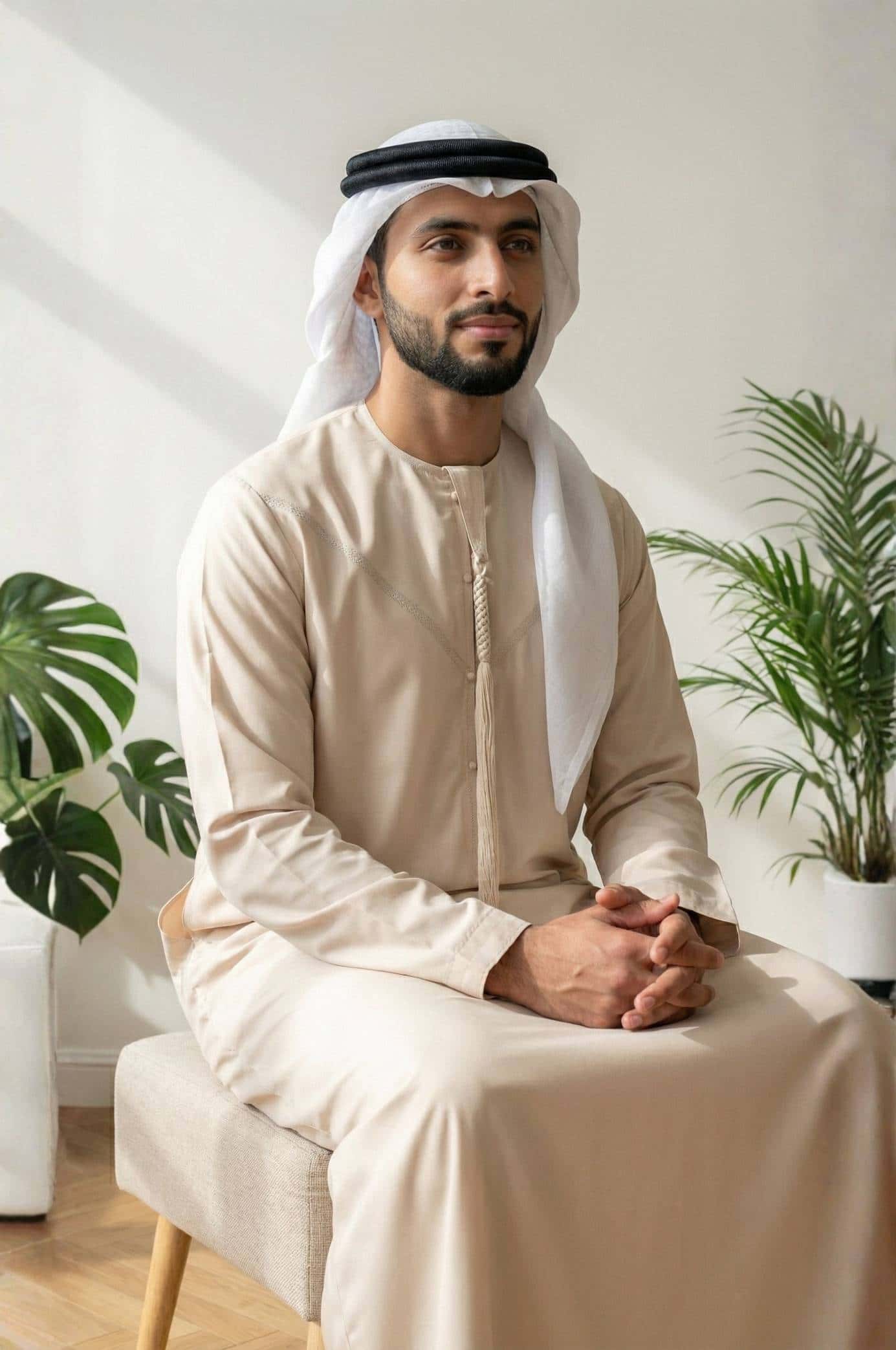 Emirati man wearing the premium Light Tan Semiramis Wool Kandora, showcasing the natural wool drape and elegant Japanese fabric finish from Shabab al Yola Heritage Collection 2