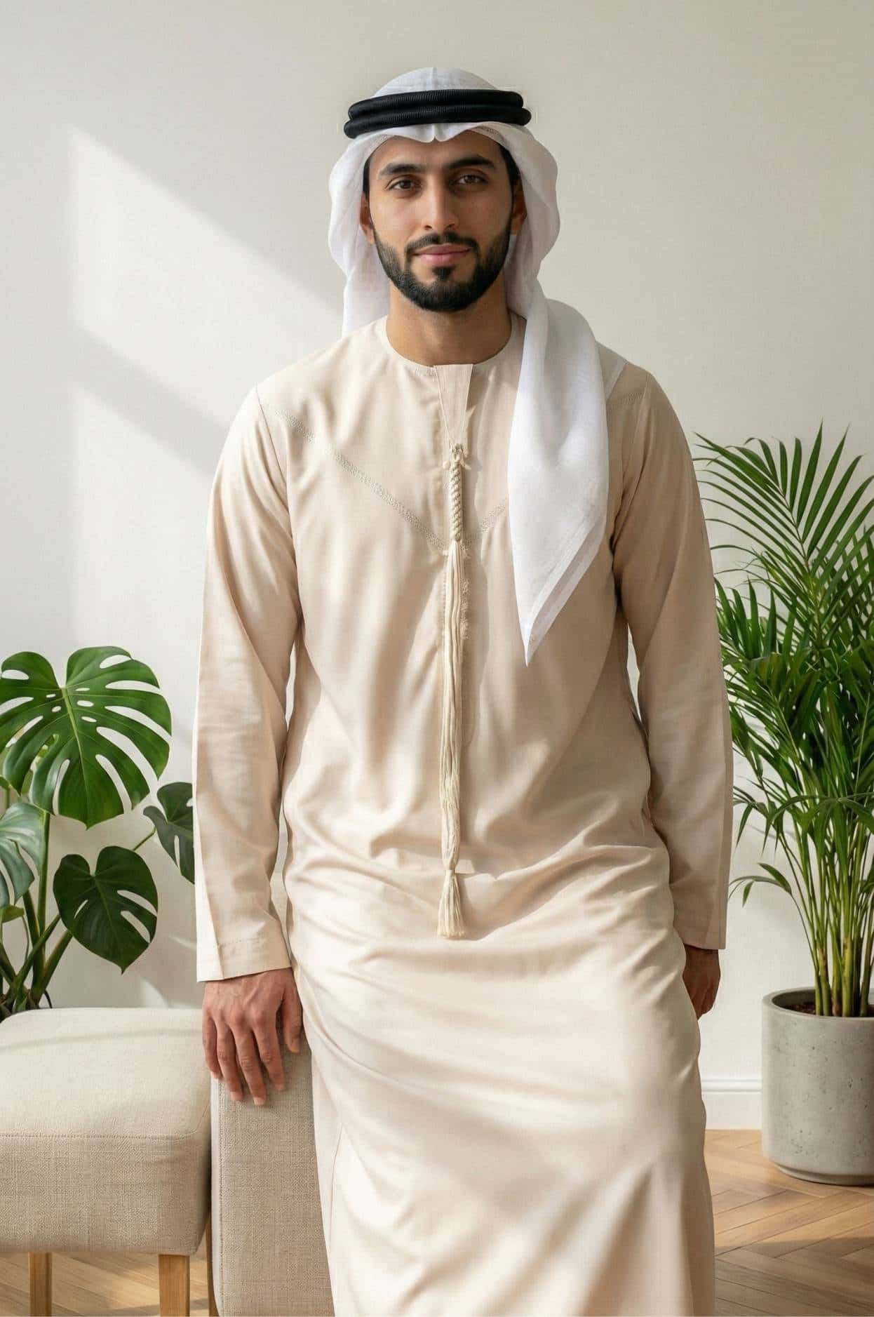 Emirati man wearing the premium Light Tan Semiramis Wool Kandora, showcasing the natural wool drape and elegant Japanese fabric finish from Shabab al Yola Heritage Collection 3