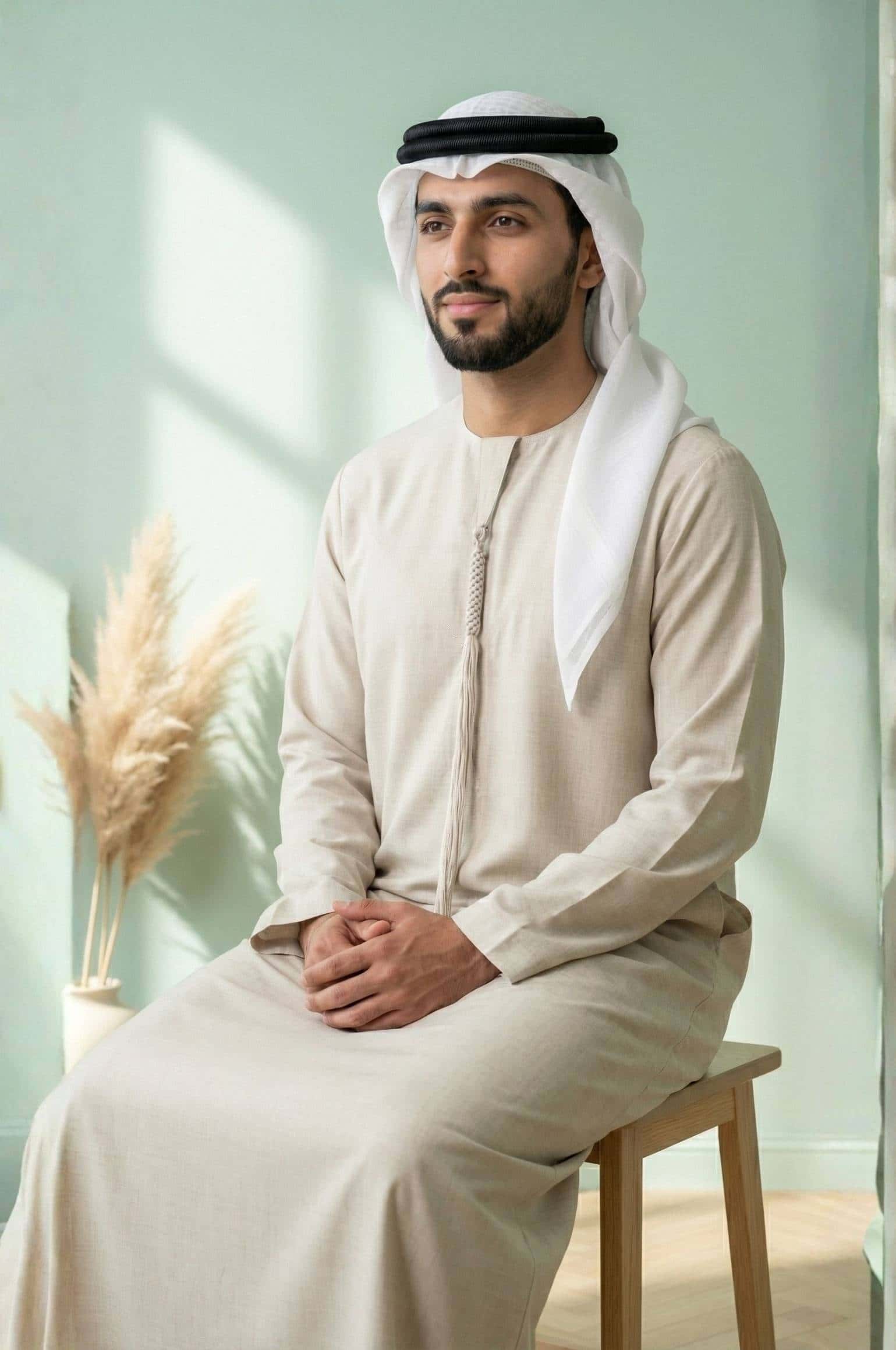 Distinguished gentleman wearing the Antique White Semiramis Wool Kandora, displaying the soft ivory wool tone and refined silhouette of the Heritage Collection by Shabab al Yola 2