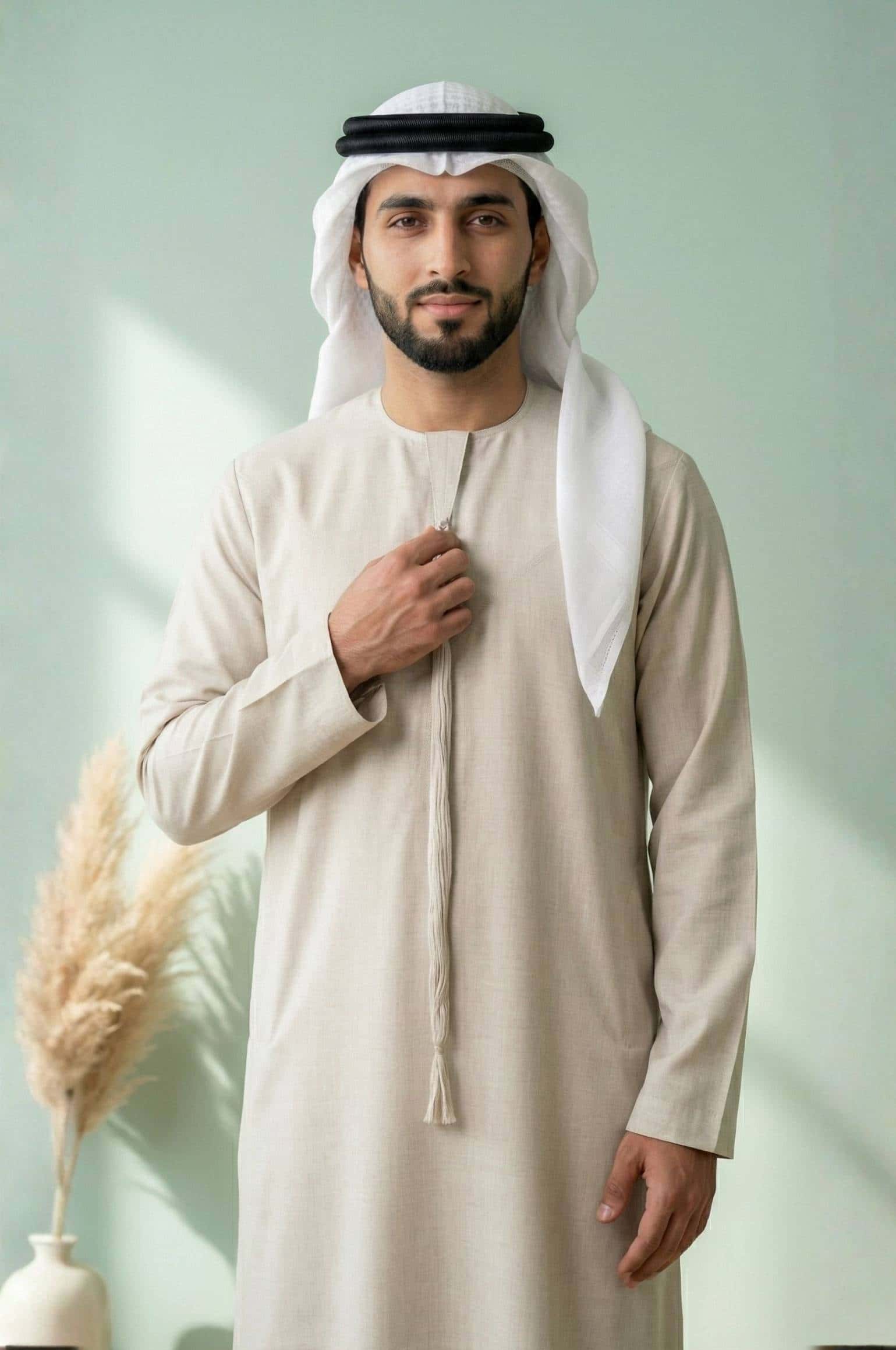 Distinguished gentleman wearing the Antique White Semiramis Wool Kandora, displaying the soft ivory wool tone and refined silhouette of the Heritage Collection by Shabab al Yola 3