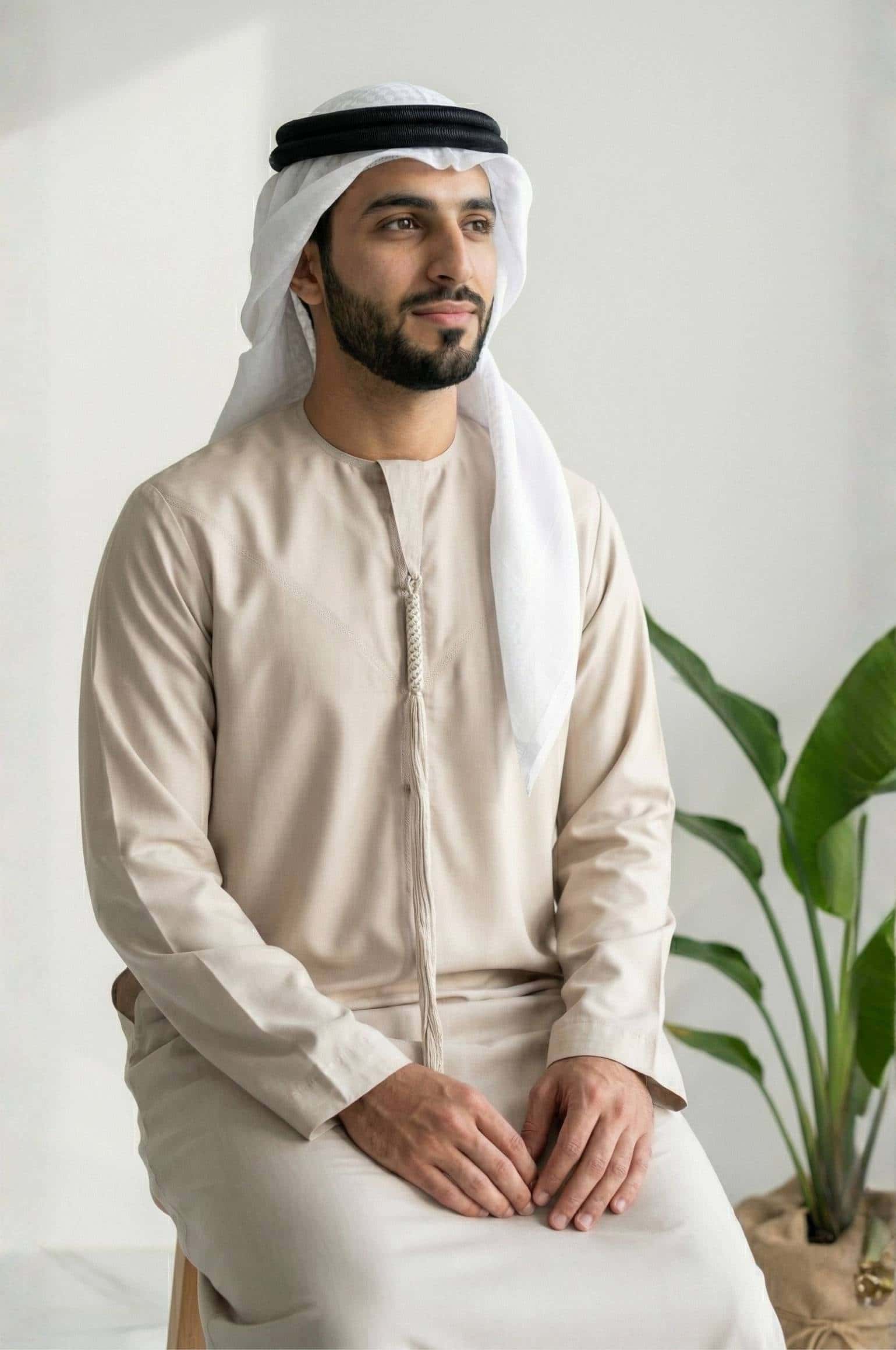 Man wearing Heritage Beige Semiramis Wool Kandora with traditional earthy tones, showcasing the natural wool texture and commanding silhouette from Shabab al Yola 2